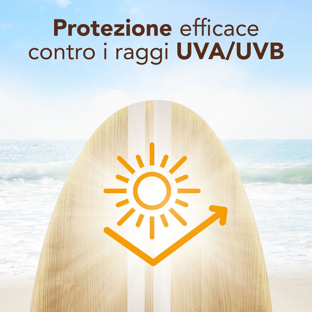 Illustrazione su tavola da surf: simbolo solare con freccia. Testo: protezione UVA/UVB.