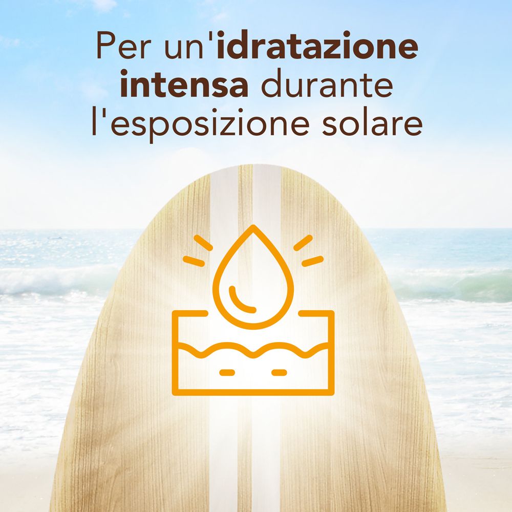 Illustrazione su tavola da surf: simbolo goccia d'acqua. Testo: idratazione intensa durante l'esposizione.