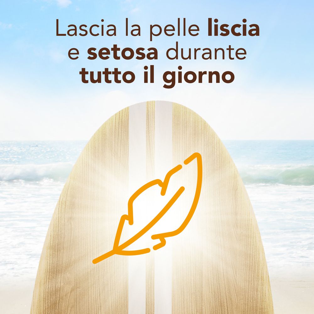Illustrazione su tavola da surf: simbolo piuma. Testo: lascia la pelle liscia e setosa.