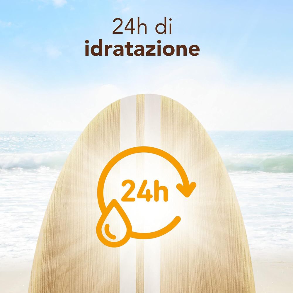 Tavola di legno con cerchio giallo e simbolo 24h. Testo: 24h di idratazione.