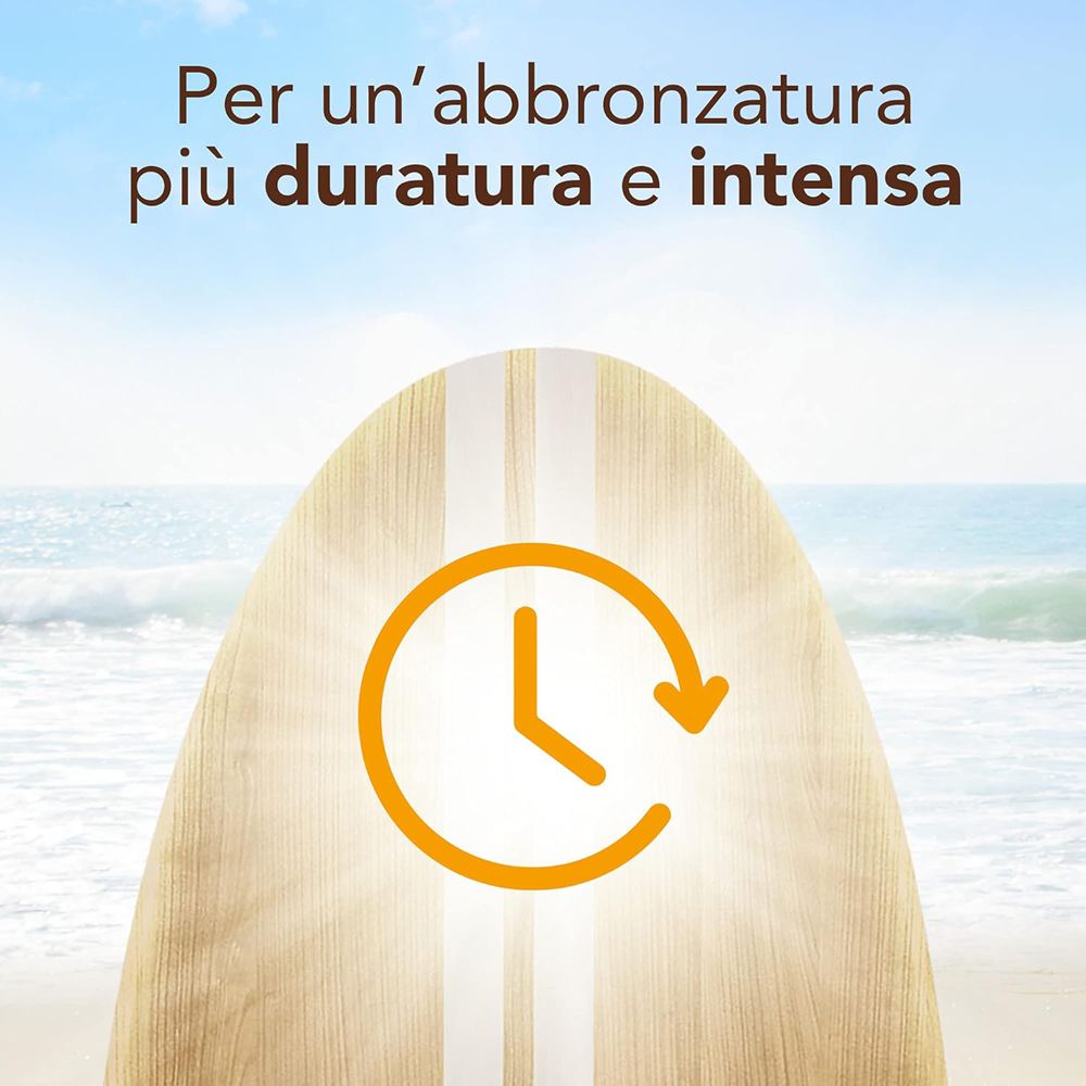 Tavola di legno con cerchio giallo e simbolo orologio. Testo: Per un'abbronzatura più duratura e intensa.