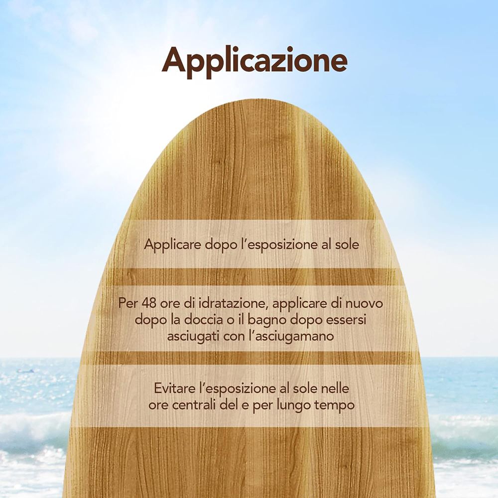 Tavola di legno con testo: Applicazione. Testo: Applicare dopo l'esposizione al sole.