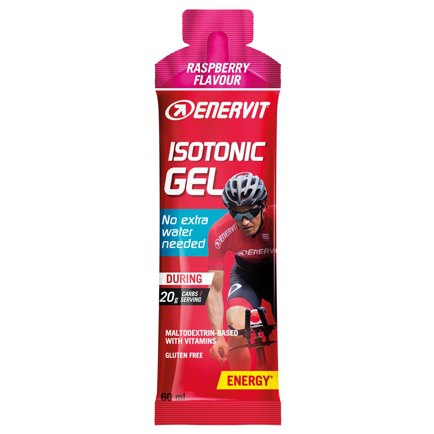 Gel isotonico in confezione rossa. Scritta: ENERVIT Isotonic Gel, gusto lampone. Immagine di un ciclista.