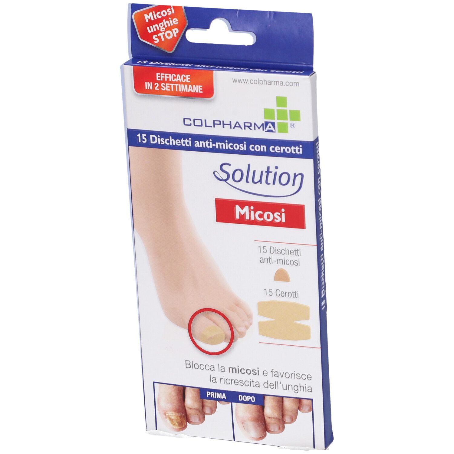 Confezione con immagine del prodotto. Contiene 15 dischetti antimicotici con cerotti. Marchio Colpharma, testo: Solution Micosi.