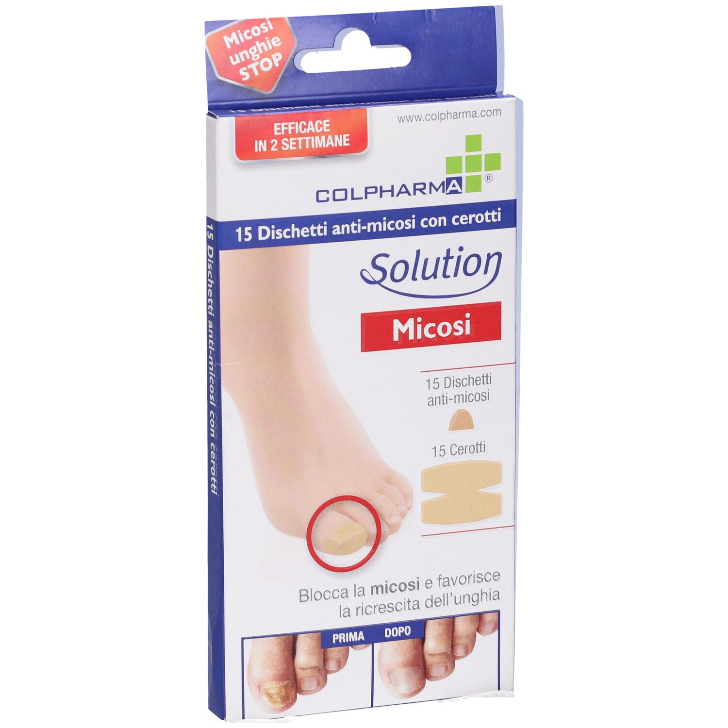 Confezione del prodotto con immagine. Contiene 15 dischetti antimicotici con cerotti. Marchio Colpharma, testo: Solution Micosi.