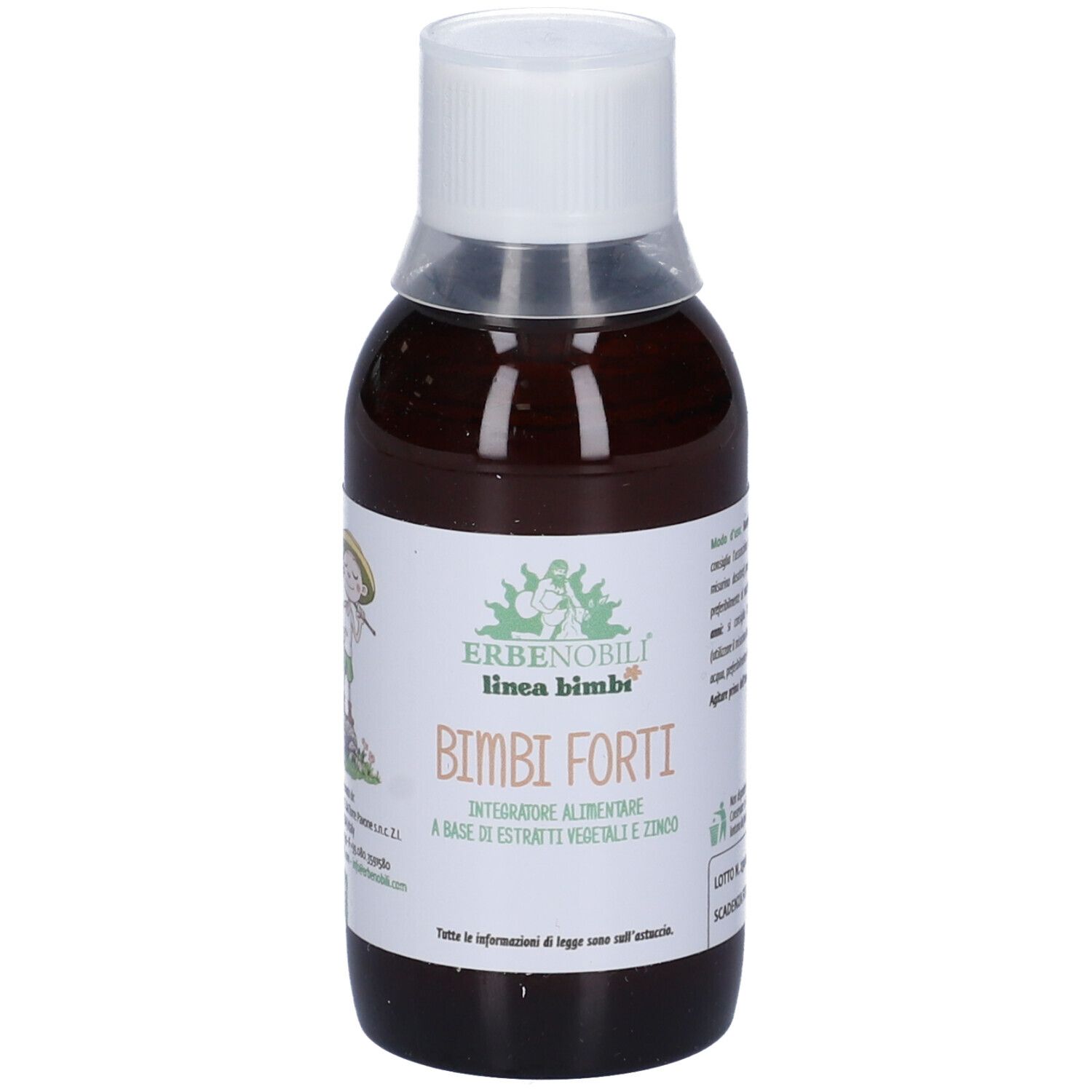 Liquido marrone in bottiglia con tappo bianco. Etichetta con nome prodotto e logo.