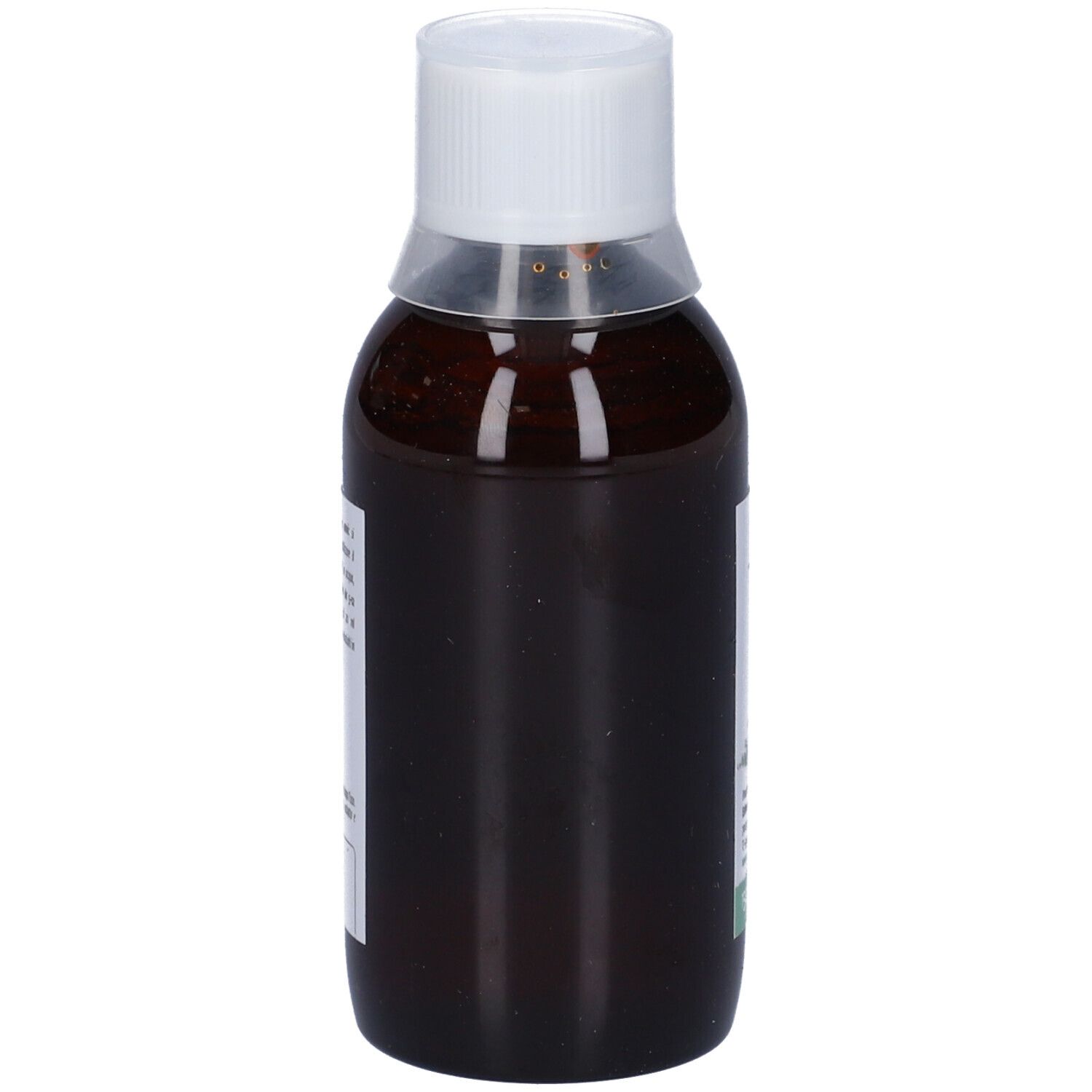 Liquido marrone in bottiglia con tappo bianco. Nessun altro dettaglio visibile.