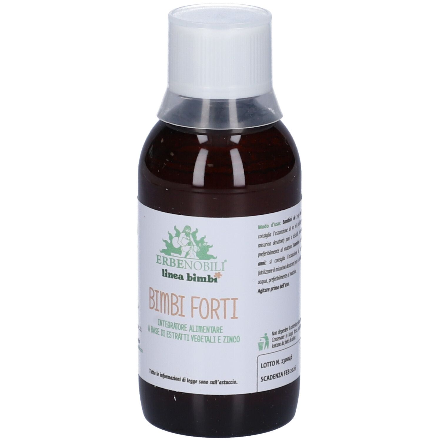 Liquido marrone in bottiglia con tappo bianco. Etichetta con nome prodotto e logo.