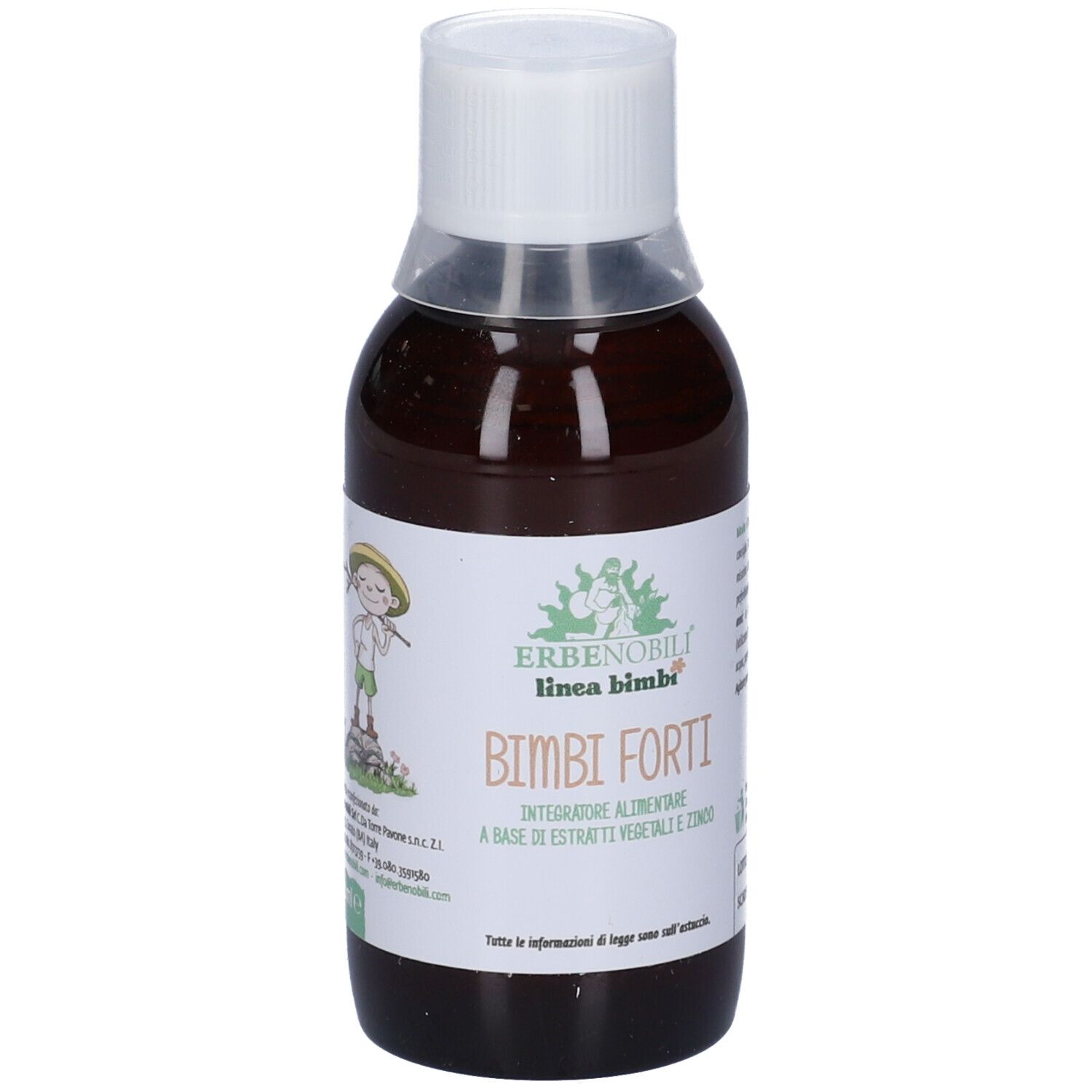 Liquido marrone in bottiglia con tappo bianco. Etichetta con nome prodotto e logo.