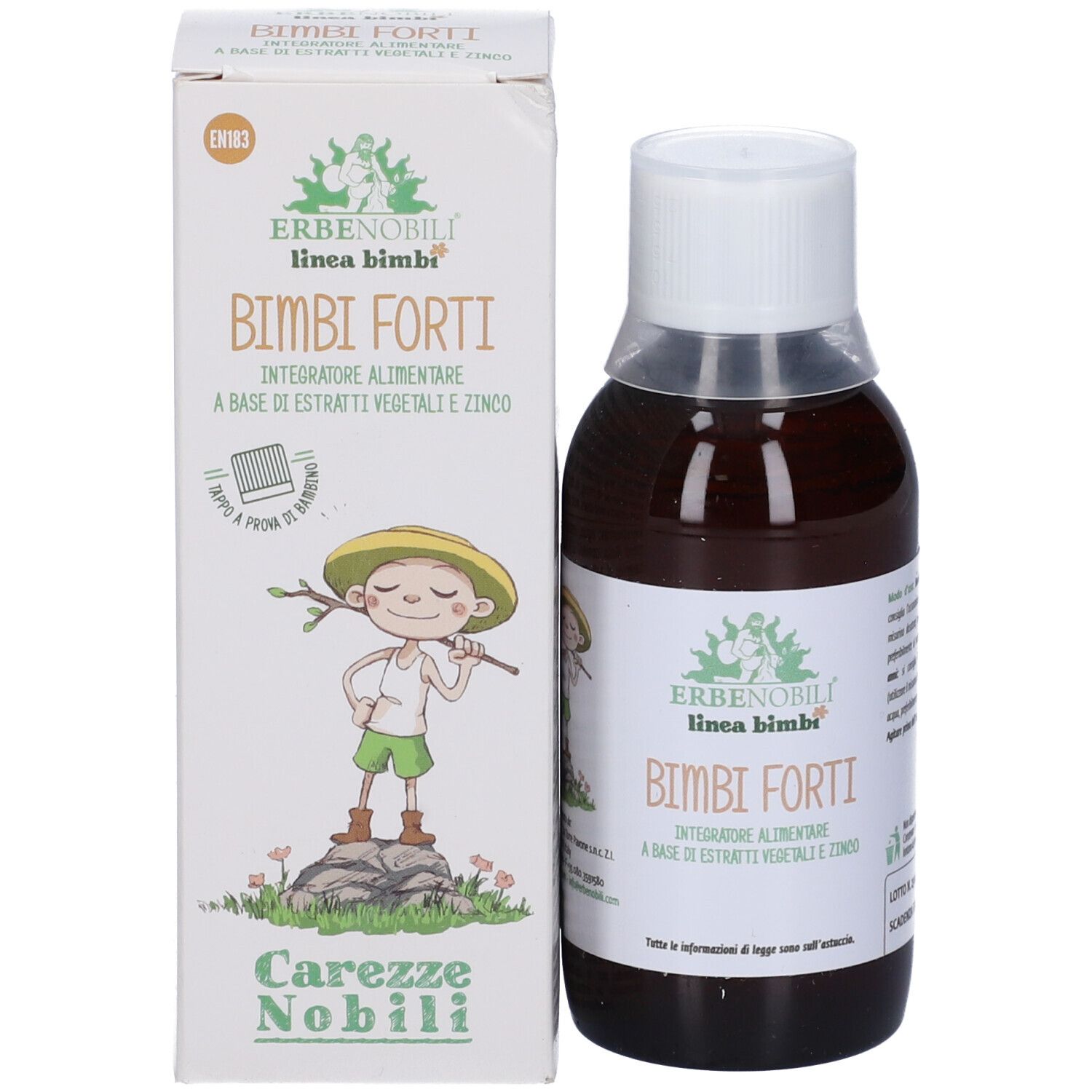 Bottiglia e confezione. Bottiglia con liquido marrone e tappo bianco. Confezione con nome prodotto e logo.