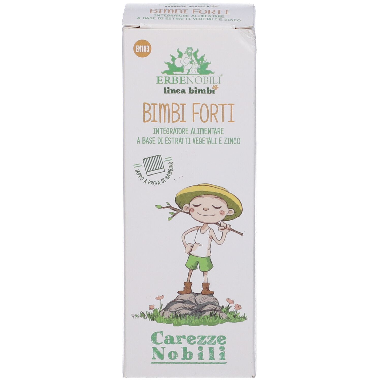 Confezione prodotto. Scritta: Bimbi Forti, Carezze Nobili. Illustrazione di un bambino con un bastone.