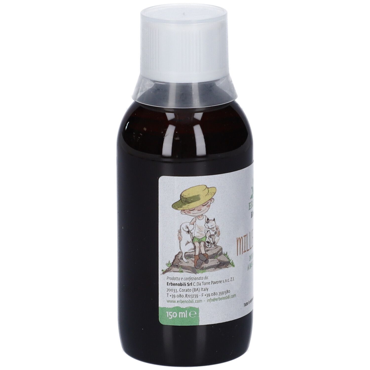 Liquido marrone in bottiglia con tappo bianco. Scritta: Mille Abbracci, linea bimbi. Etichetta con logo, testo e 150 ml.