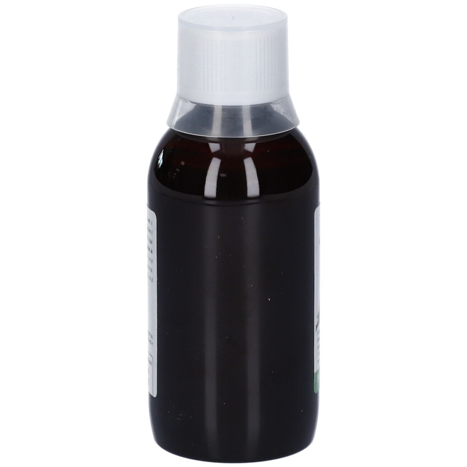 Liquido marrone in bottiglia con tappo bianco. Etichetta con testo e logo. Bottiglia senza altri dettagli.