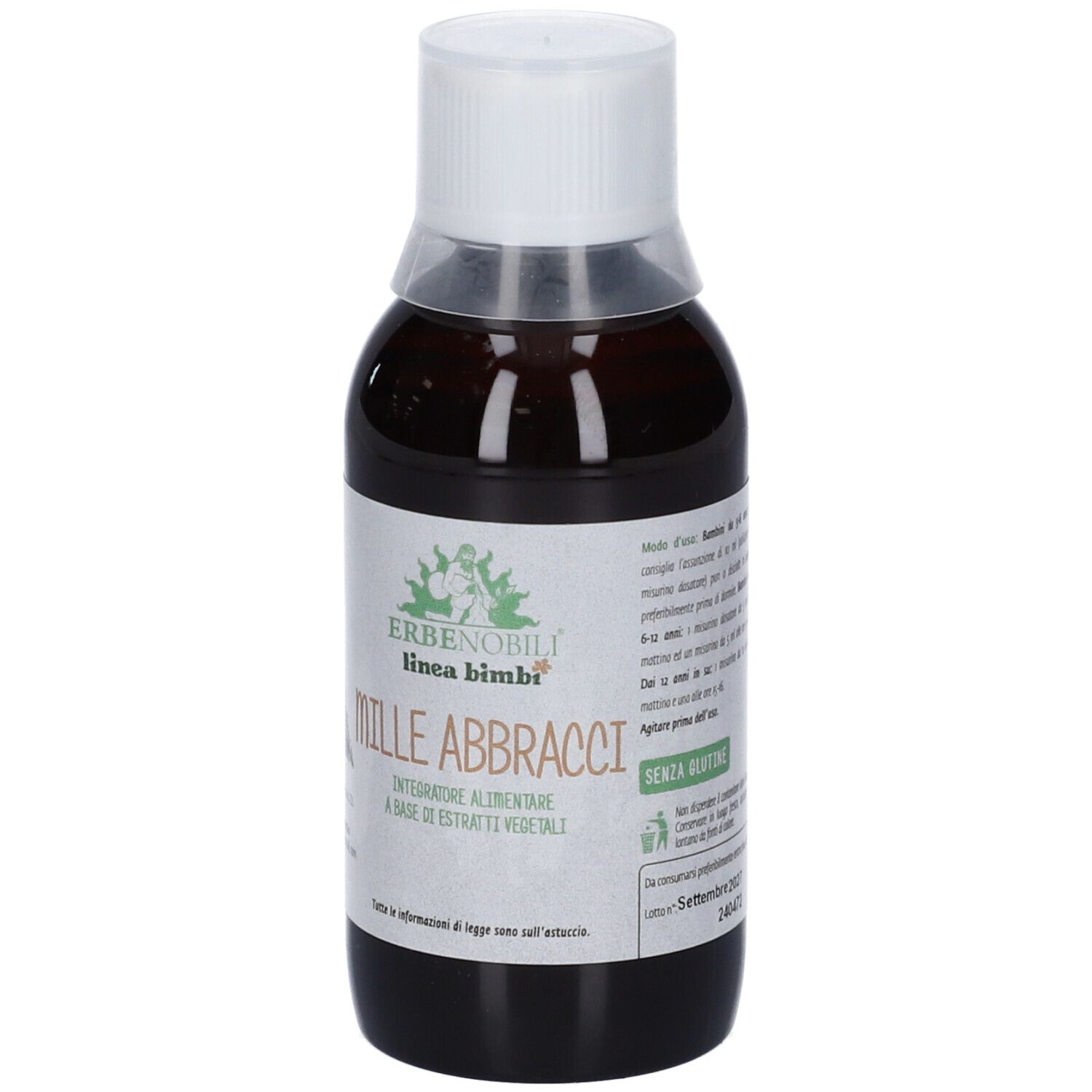 Liquido marrone in bottiglia con tappo bianco. Scritta: Mille Abbracci, linea bimbi. Etichetta con logo e testo.