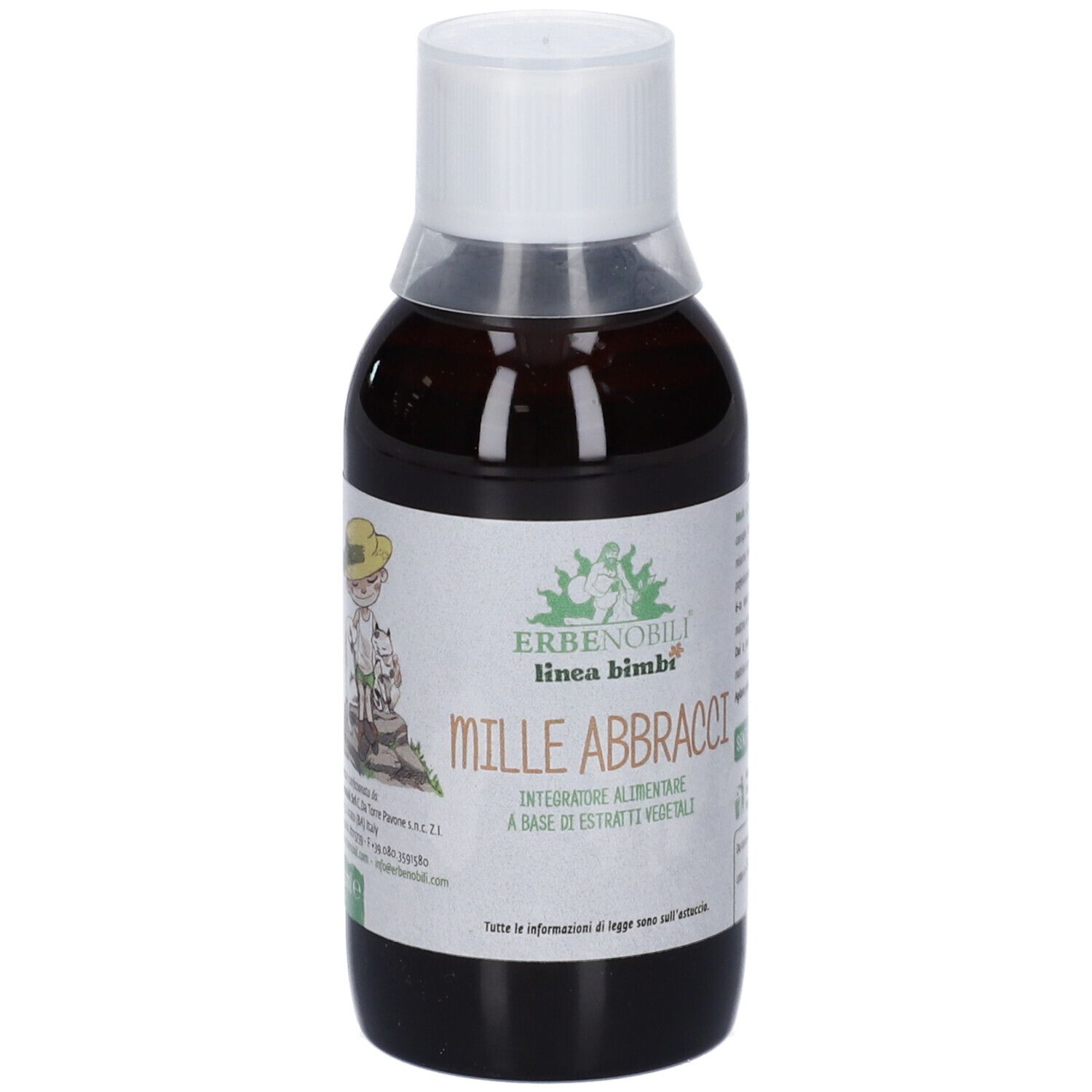 Liquido marrone in bottiglia con tappo bianco. Scritta: Mille Abbracci, linea bimbi. Etichetta con logo e testo.