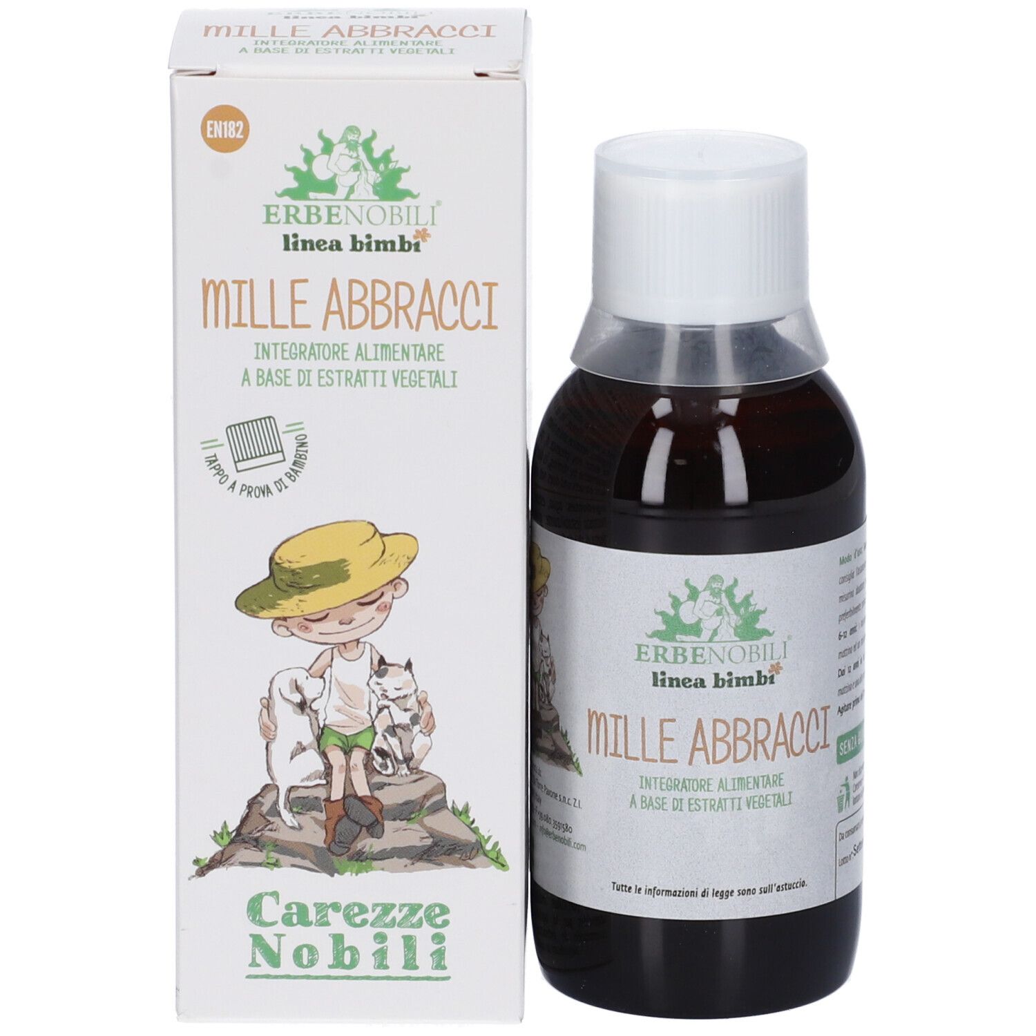 Bottiglia di liquido marrone con tappo bianco accanto a una scatola bianca. Scritta: Mille Abbracci, linea bimbi.