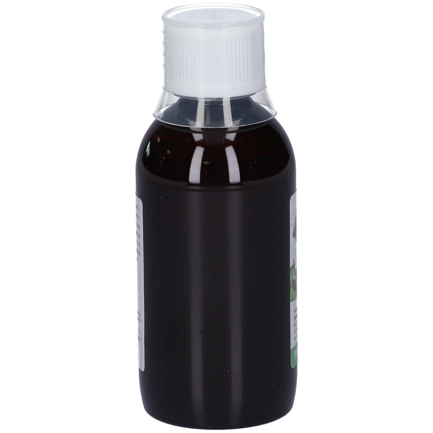 Liquido marrone in bottiglia trasparente con tappo bianco.