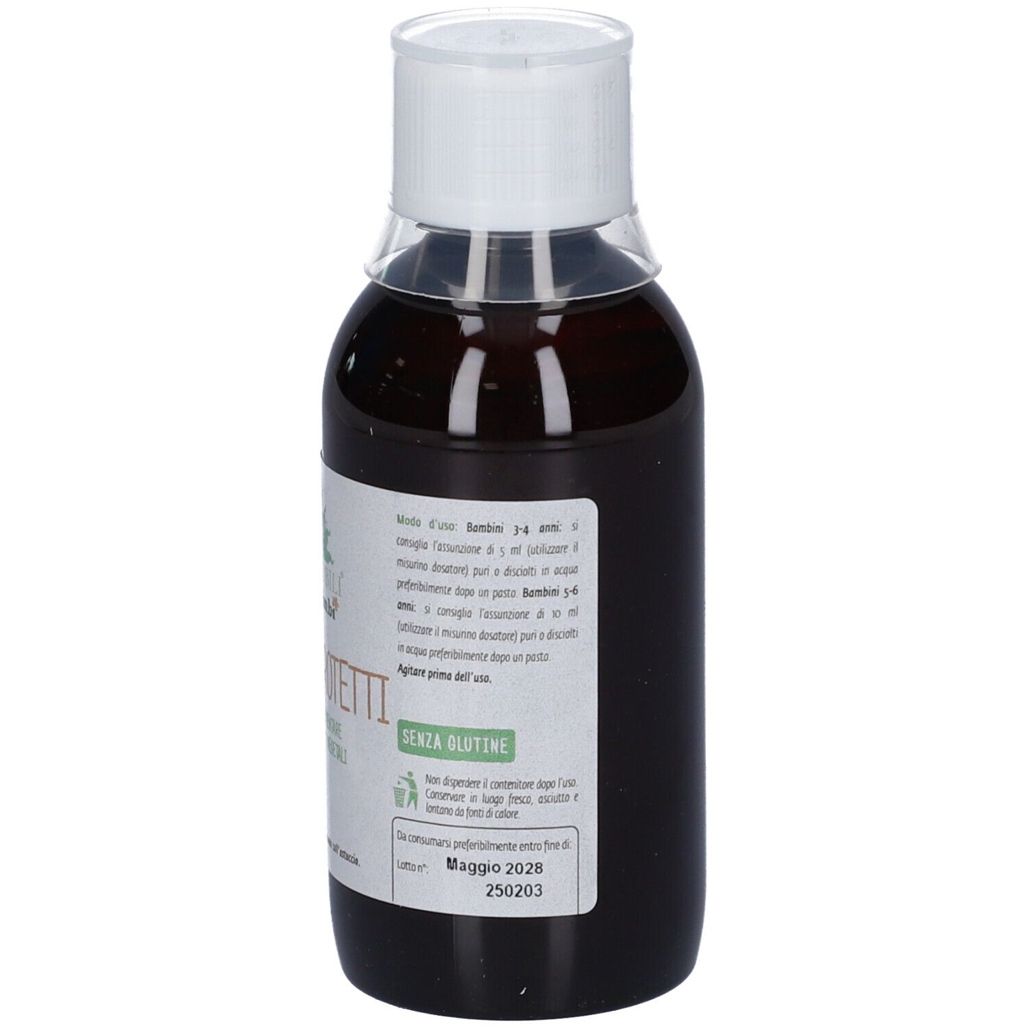 Liquido marrone in una bottiglia trasparente con tappo bianco, 250ml.