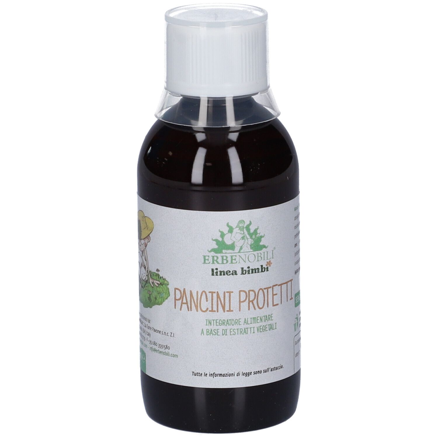 Liquido marrone in bottiglia trasparente con tappo bianco.