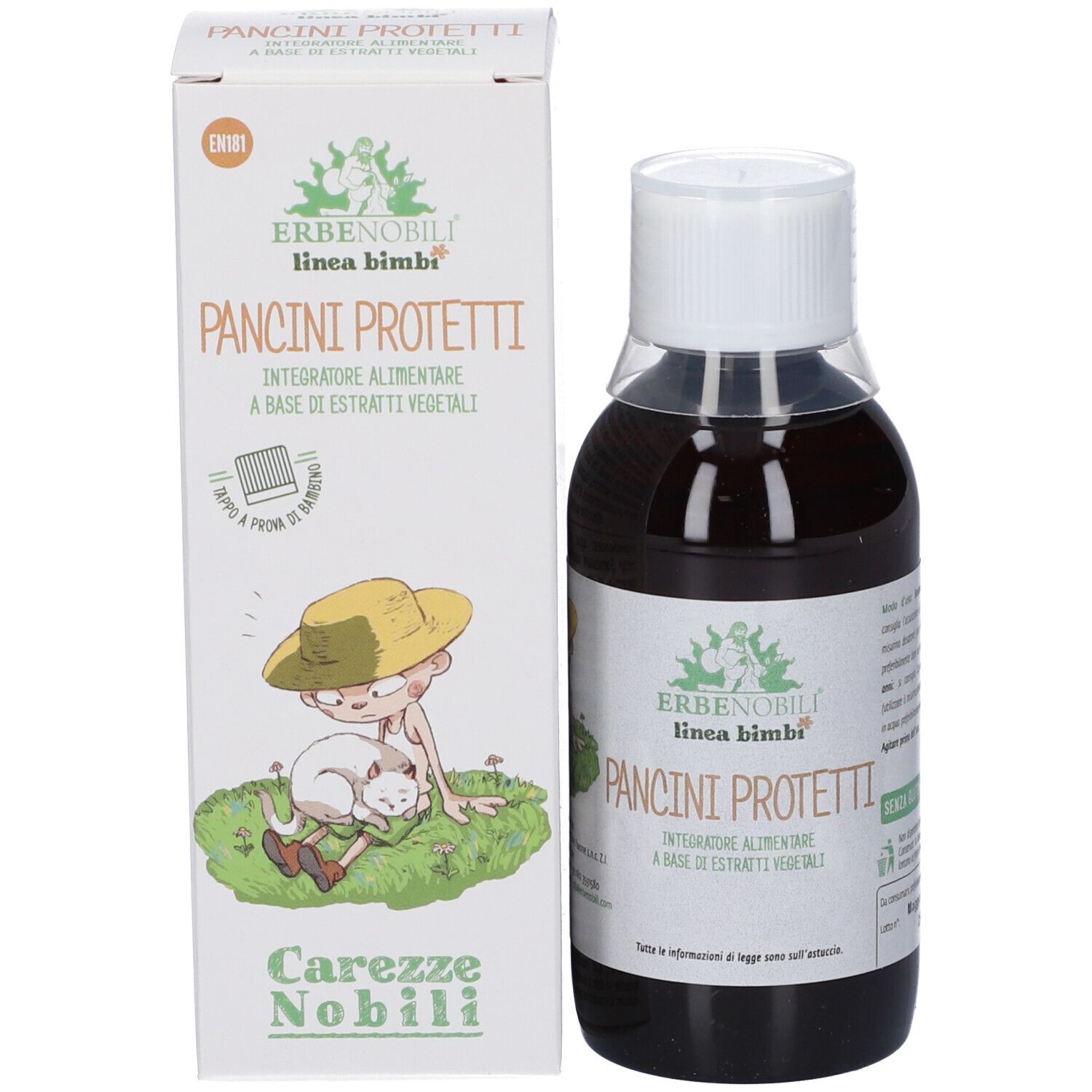 Flacone di integratore alimentare 'Pancini Protetti' e relativa confezione.