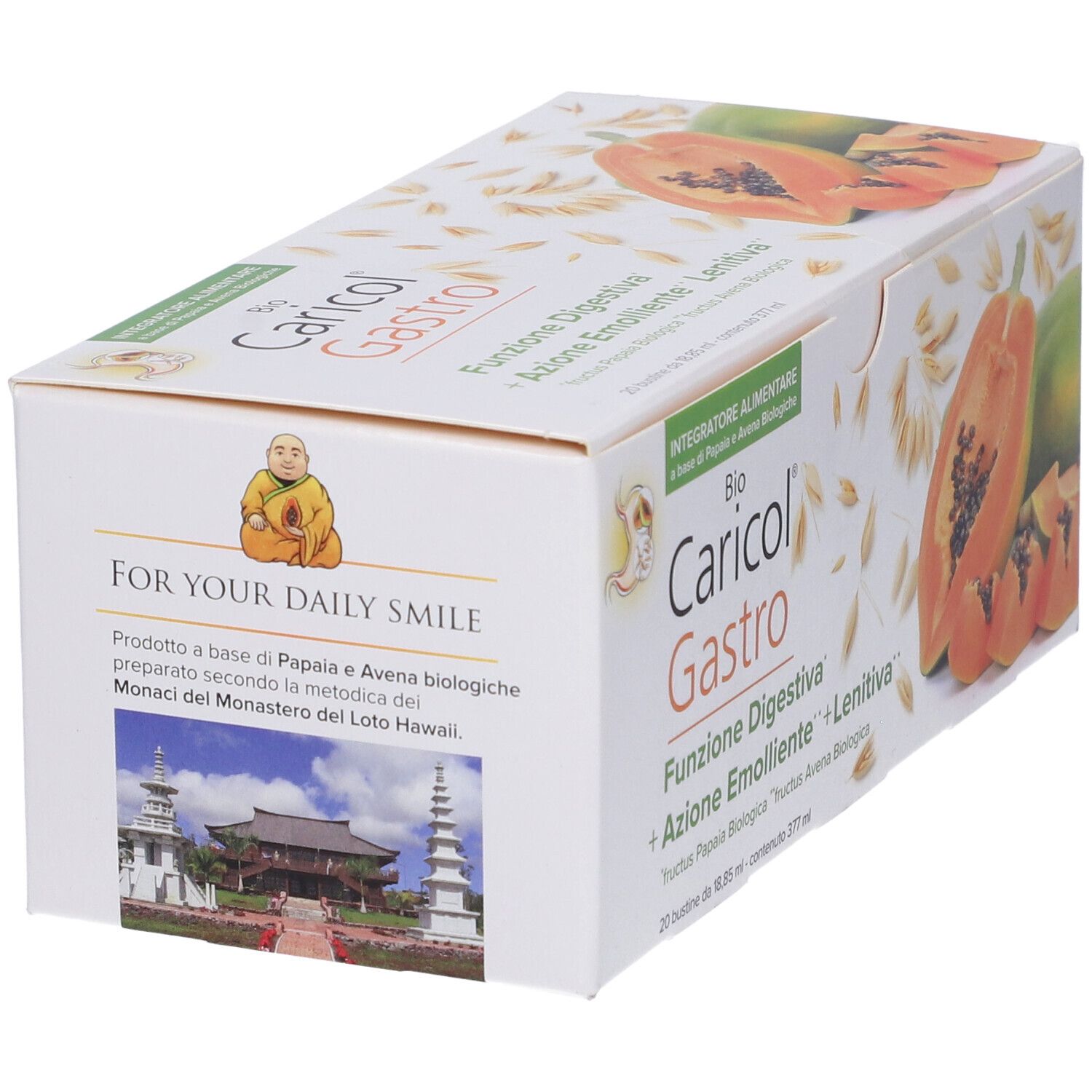 Scatola Bio Caricol Gastro. Testo e logo. Immagine di papaya e avena. Scritta: FOR YOUR DAILY SMILE.