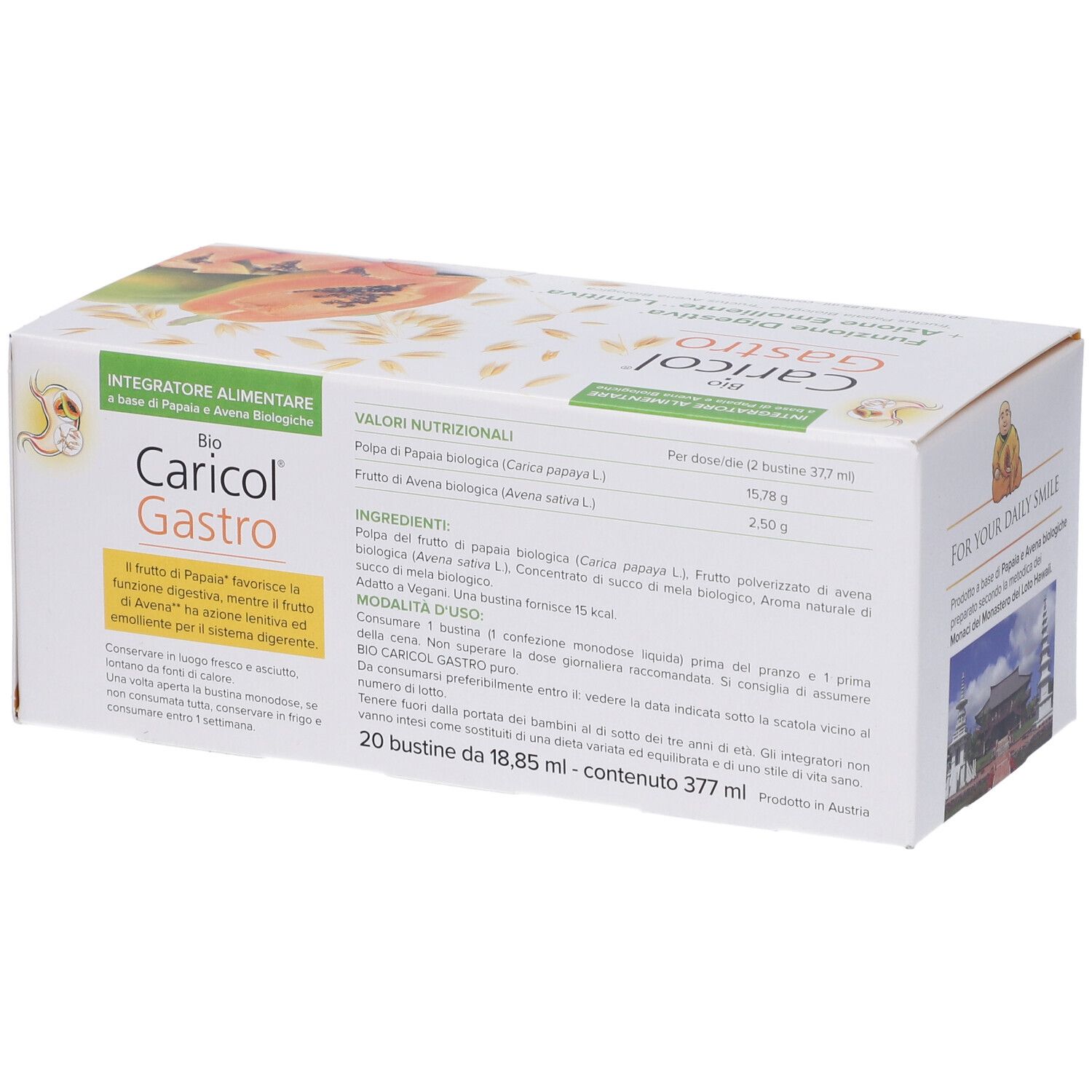 Scatola Bio Caricol Gastro. Contiene 20 bustine. Testo con valori nutrizionali e ingredienti. Immagine di papaya.