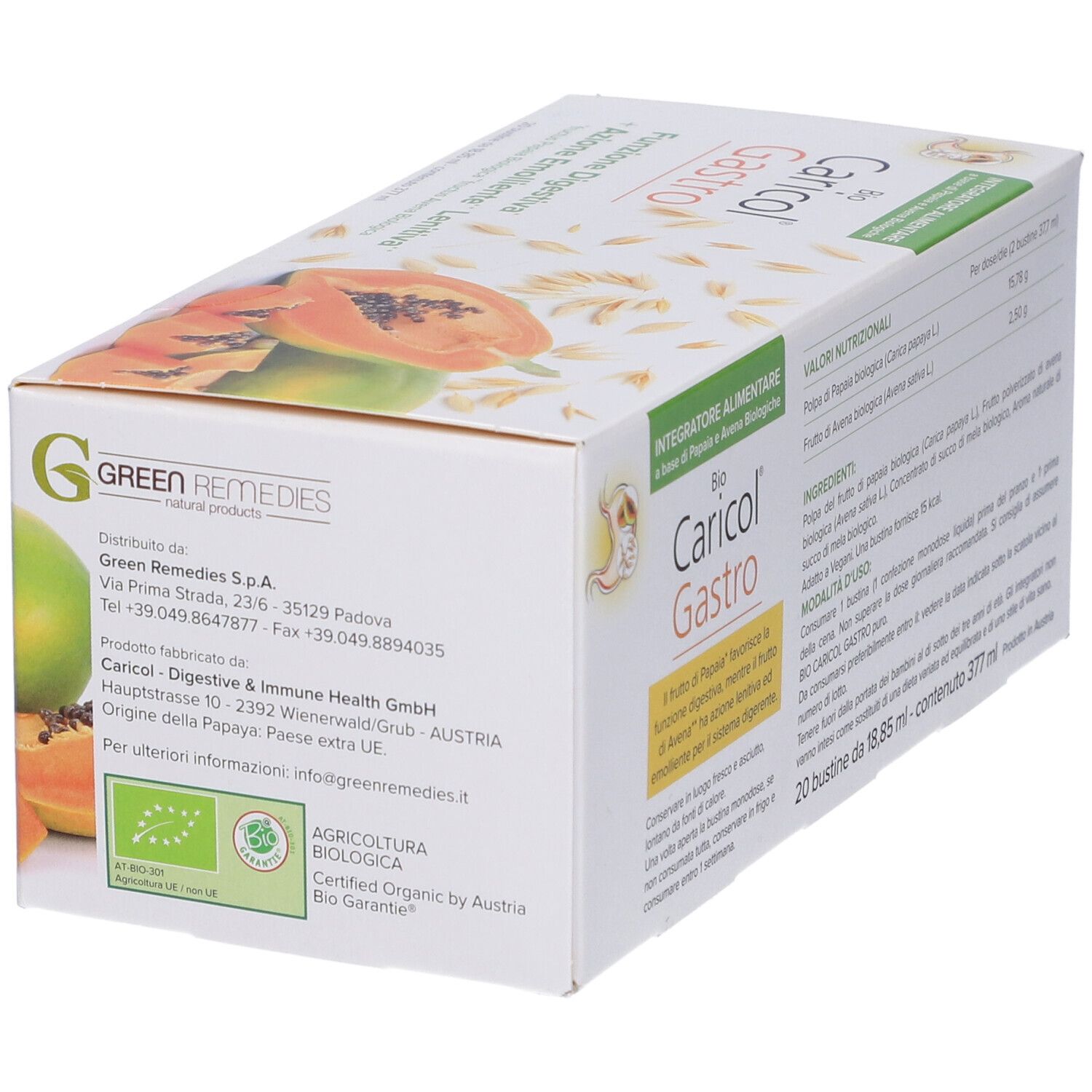 Scatola Bio Caricol Gastro. Logo Green Remedies. Testo con informazioni produttore e certificazione bio.