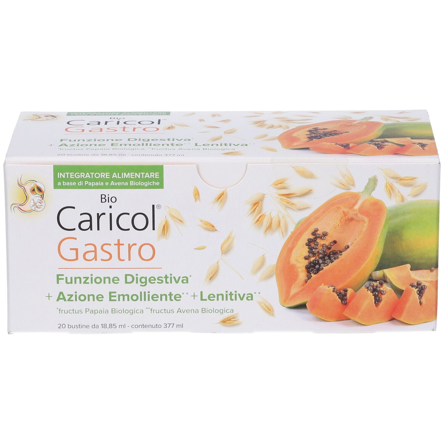 Scatola Bio Caricol Gastro. Immagine di papaya e avena. Testo: Funzione Digestiva + Azione Emolliente + Lenitiva.