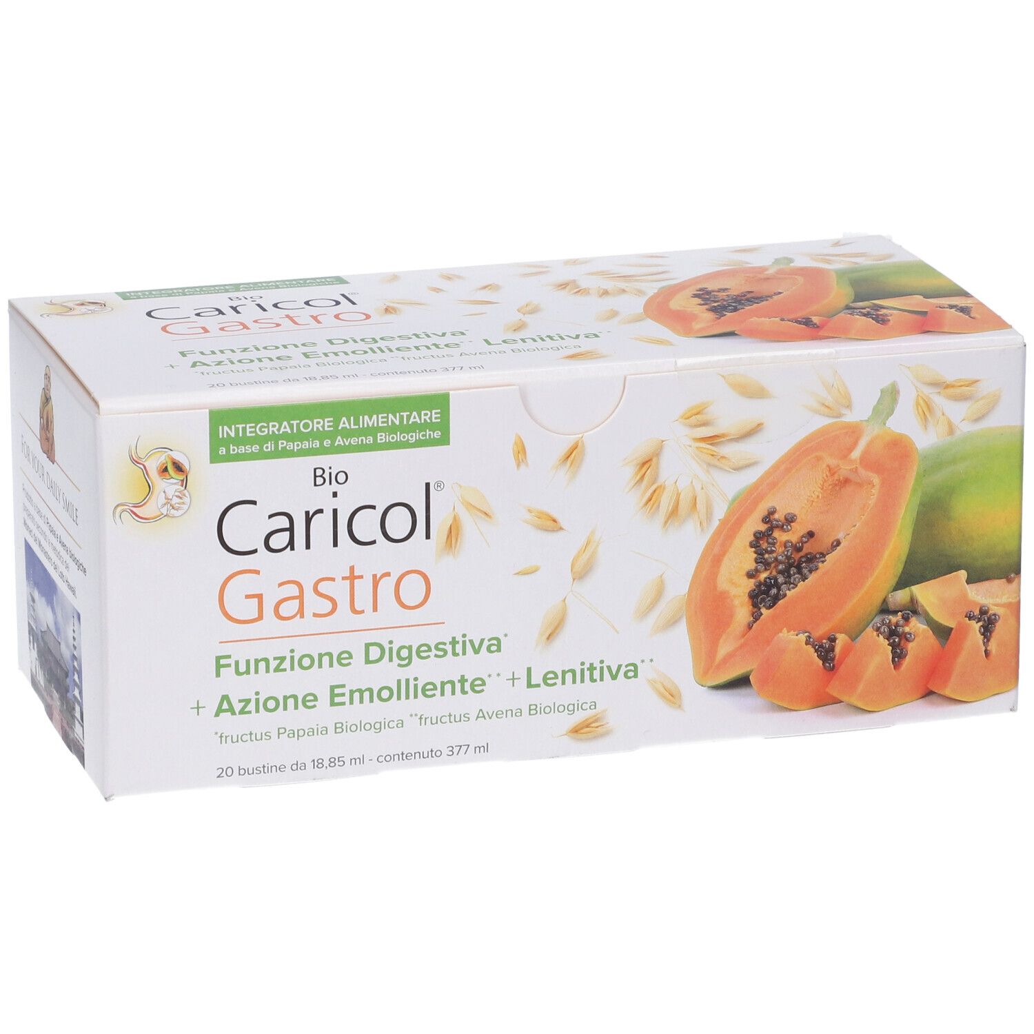 Scatola Bio Caricol Gastro. Immagine di papaya e avena. Testo: Funzione Digestiva + Azione Emolliente + Lenitiva.