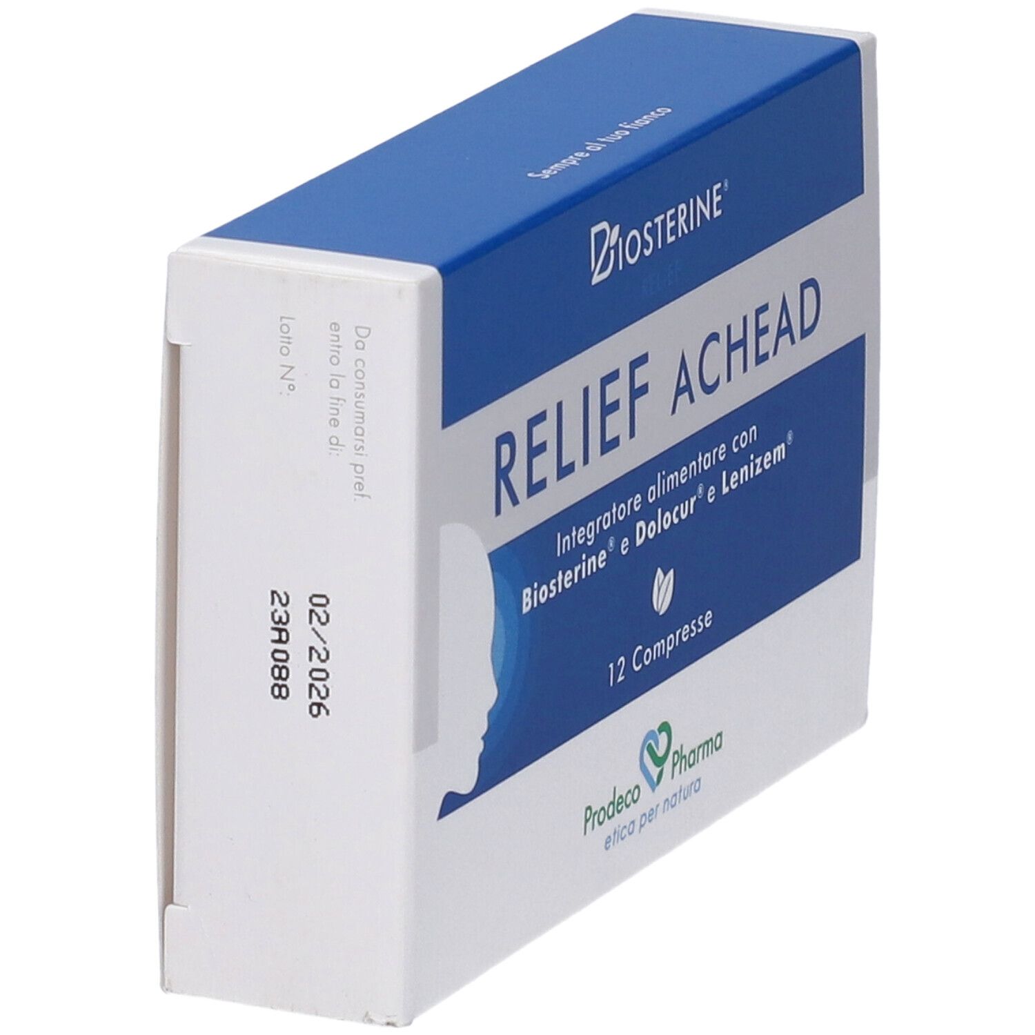 Scatola "Biosterine Relief Achead 12 Compresse". Vista laterale con data di scadenza 02/2026.