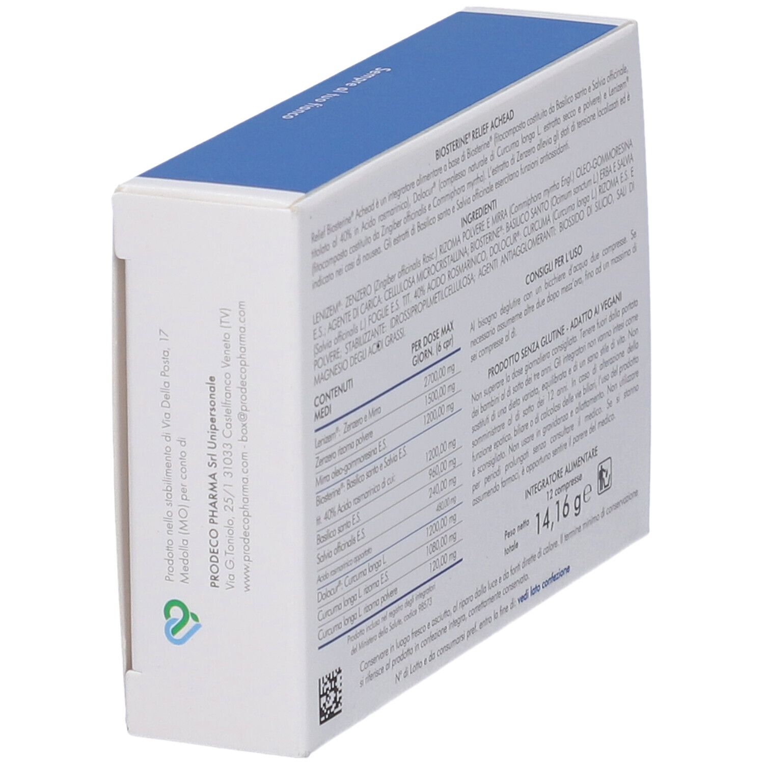 Scatola "Biosterine Relief Achead 12 Compresse" in diagonale. Testo con ingredienti e uso.