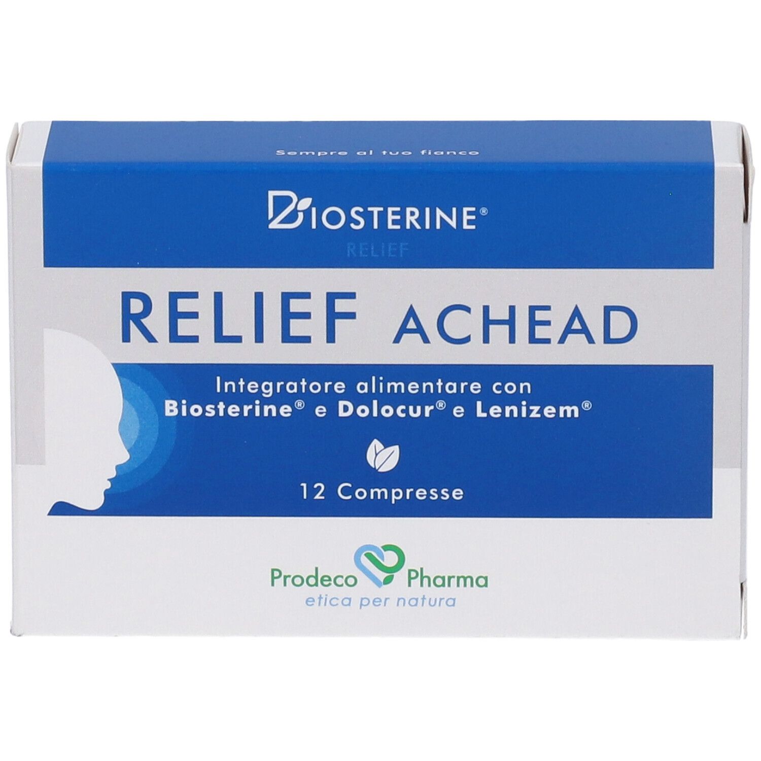 Scatola blu e bianca "Biosterine Relief Achead 12 Compresse". Logo e nome del prodotto ben visibili.
