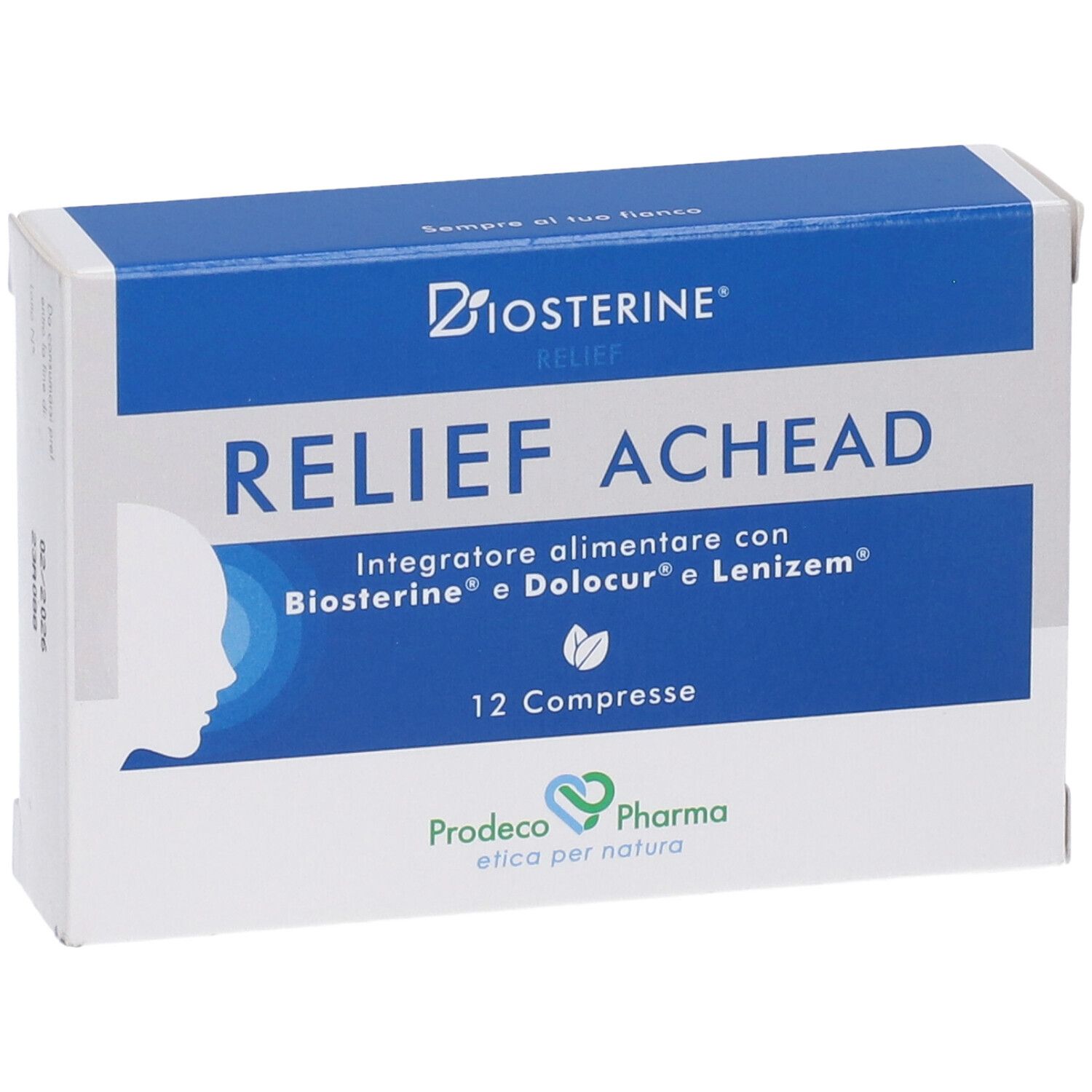 Scatola blu e bianca "Biosterine Relief Achead 12 Compresse". Logo e nome del prodotto ben visibili.