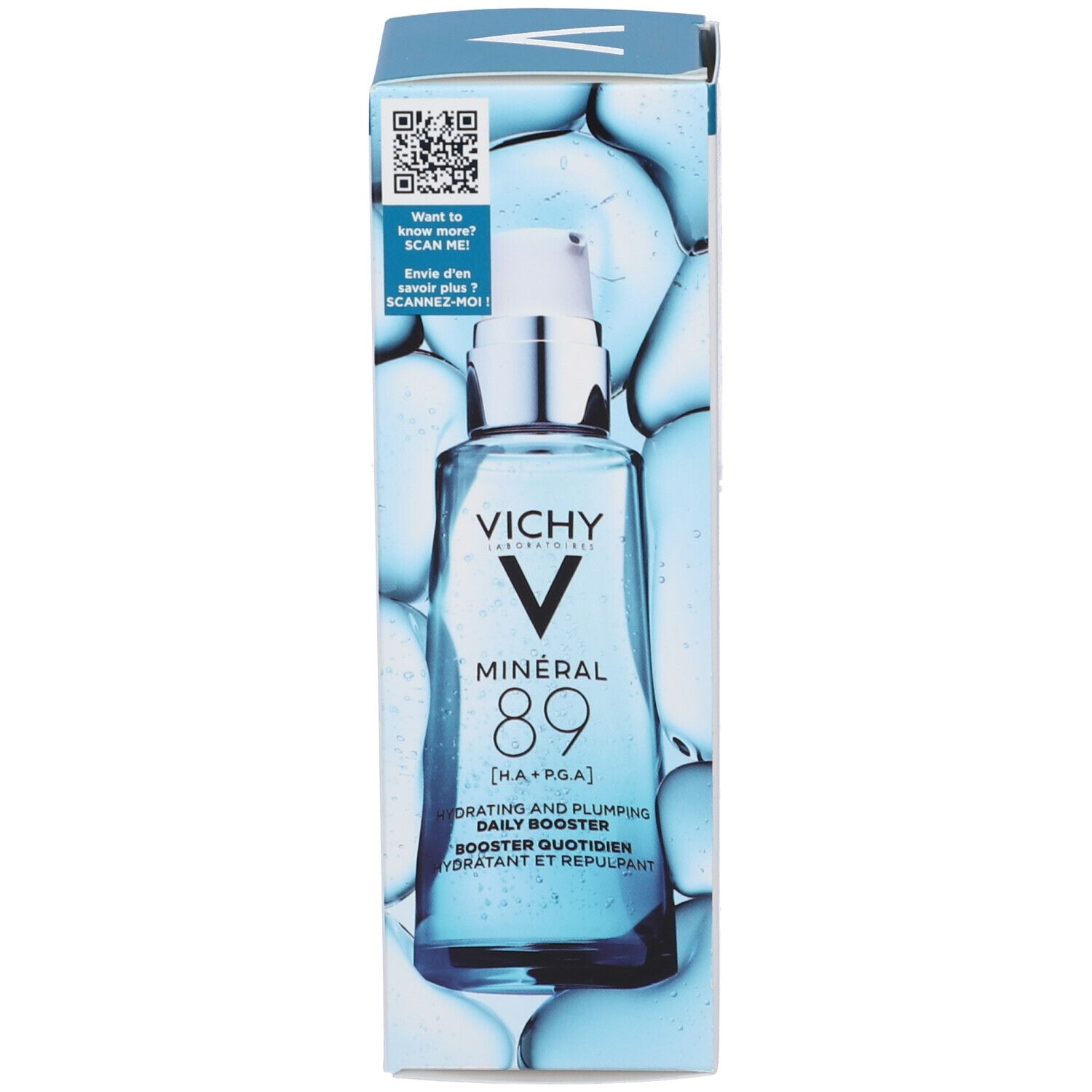 Prodotto con confezione. Logo VICHY, nome del prodotto e ingredienti. Codice QR sulla confezione.