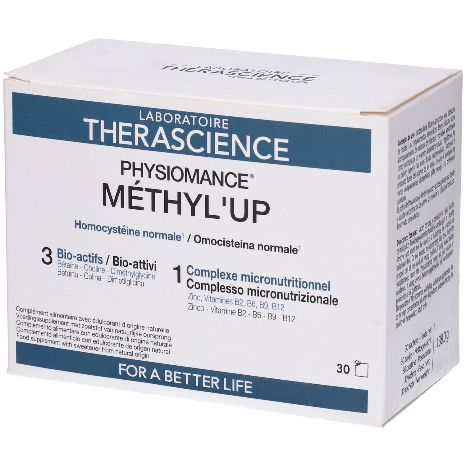 Scatola bianca con testo blu. Contiene Physiomance Methyl'Up. 30 bustine. Contiene 3 bio-attivi e 1 complesso micronutrizionale.