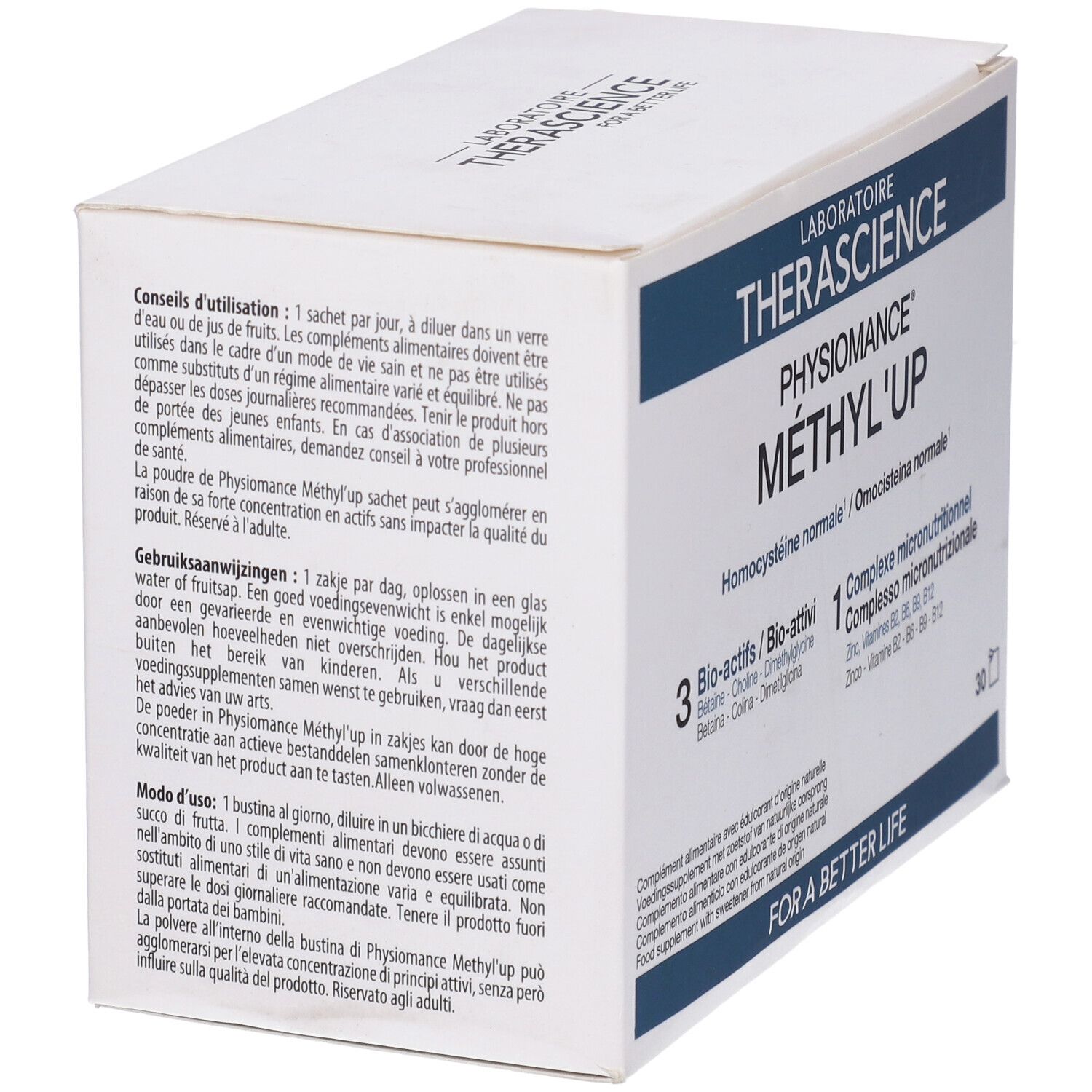 Scatola bianca con testo blu. Contiene Physiomance Methyl'Up. 30 bustine. Contiene 3 bio-attivi e 1 complesso micronutrizionale.
