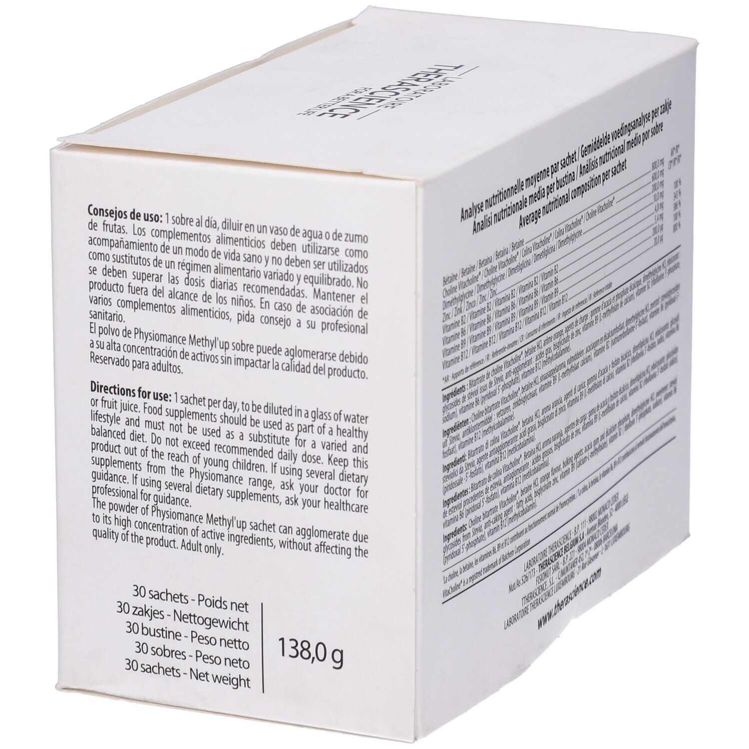 Retro della scatola bianca. Contiene informazioni sugli ingredienti e i valori nutrizionali. Testo multilingue.