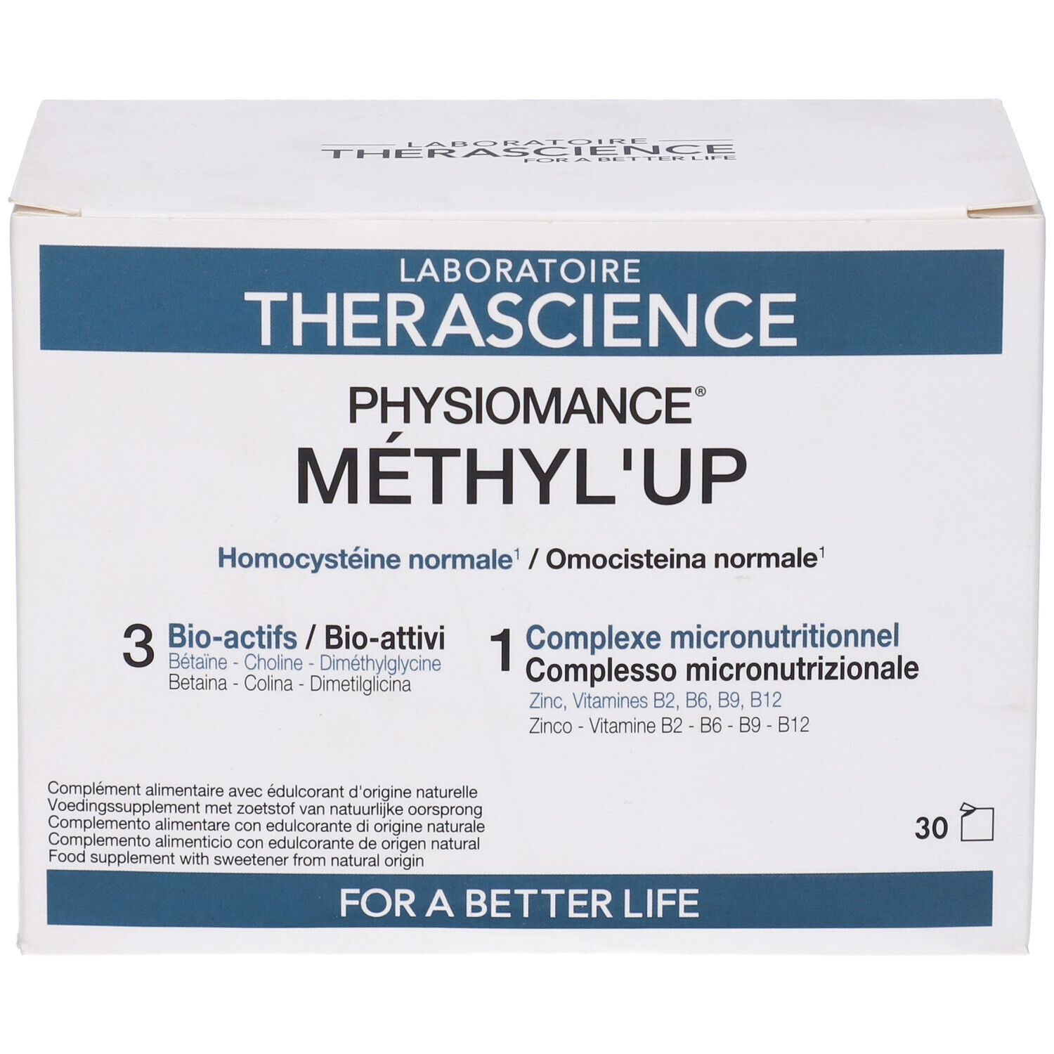 Scatola bianca con testo blu. Contiene Physiomance Methyl'Up. 30 bustine. Contiene 3 bio-attivi e 1 complesso micronutrizionale.