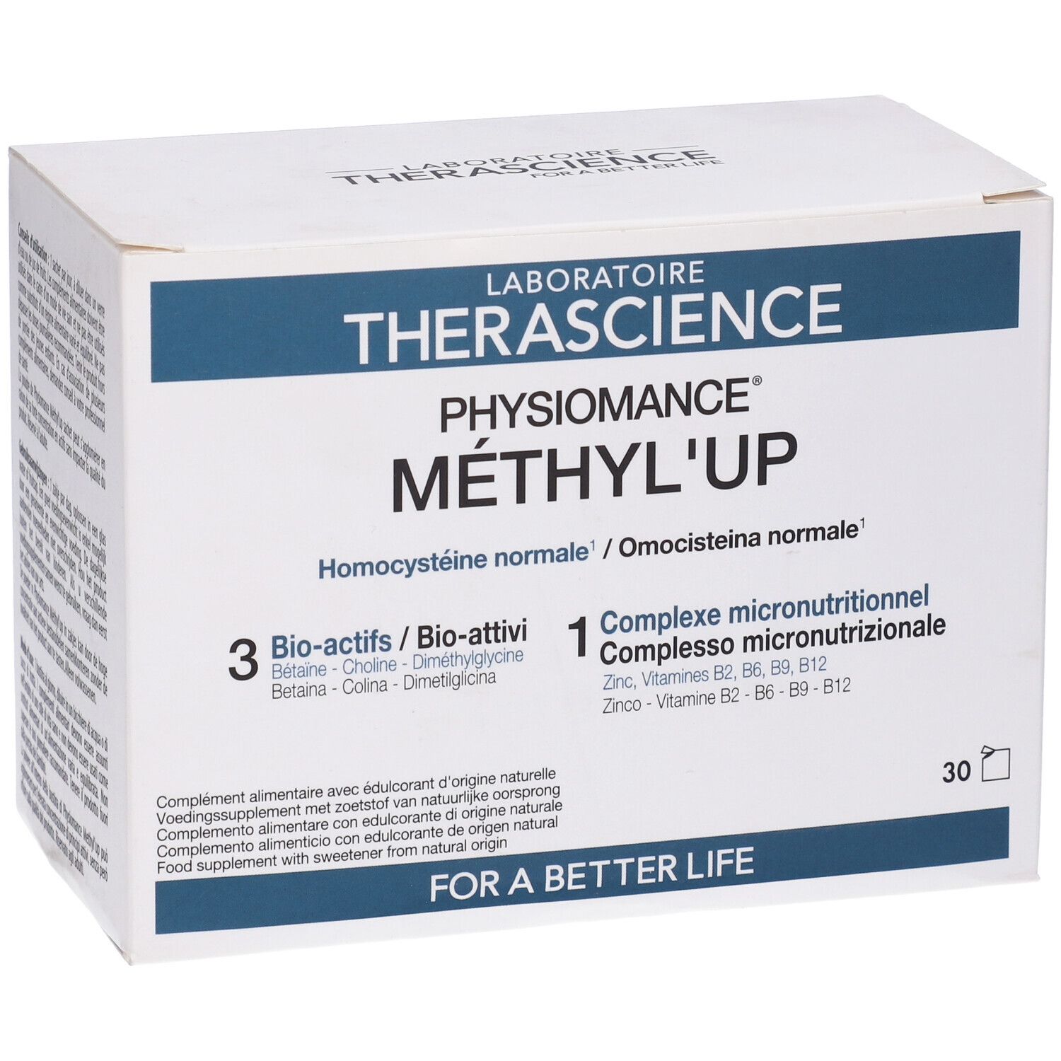 Scatola bianca con testo blu. Contiene Physiomance Methyl'Up. 30 bustine. Contiene 3 bio-attivi e 1 complesso micronutrizionale.