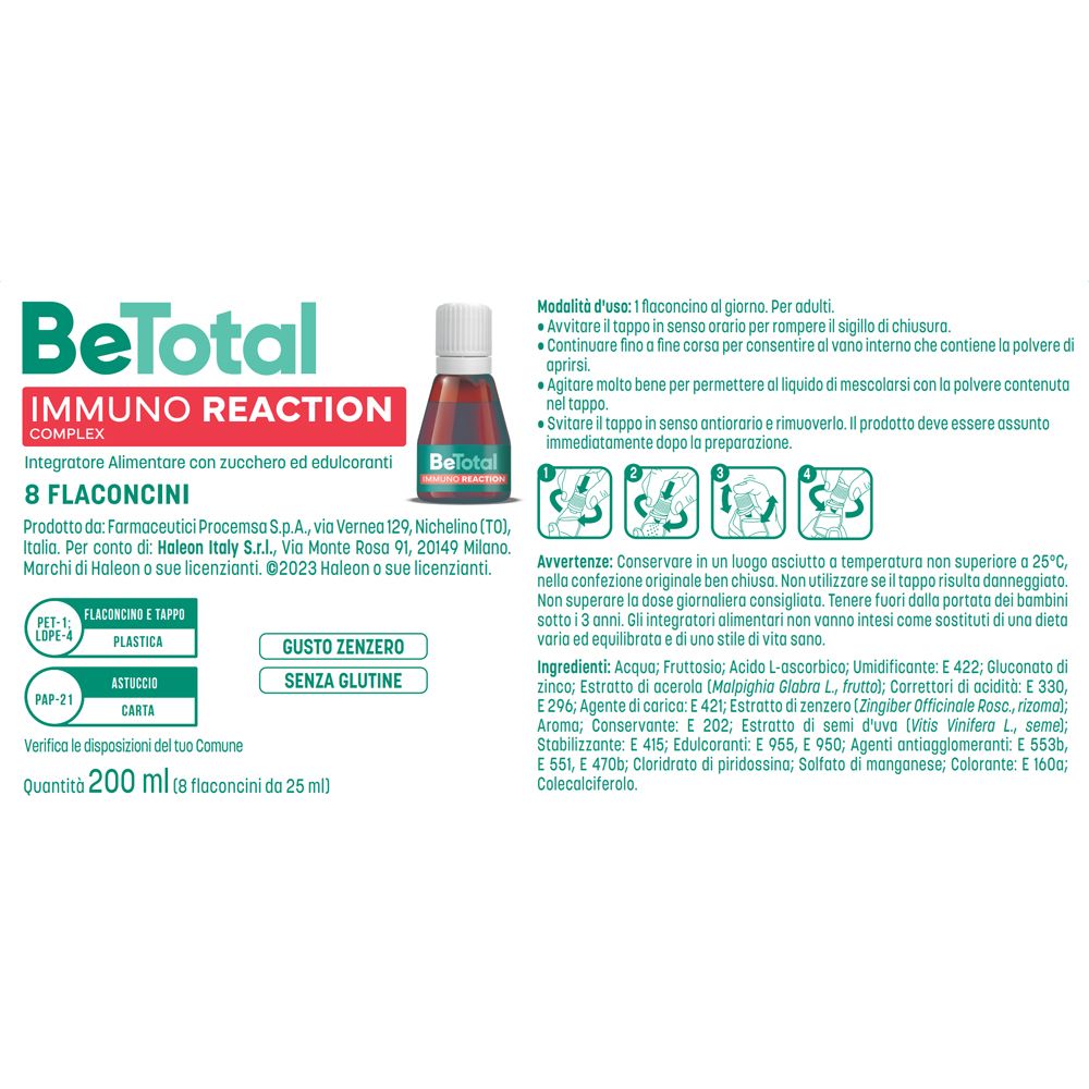 Retro confezione Be-Total Immuno Reaction. Testo e ingredienti. Immagine flaconcino.