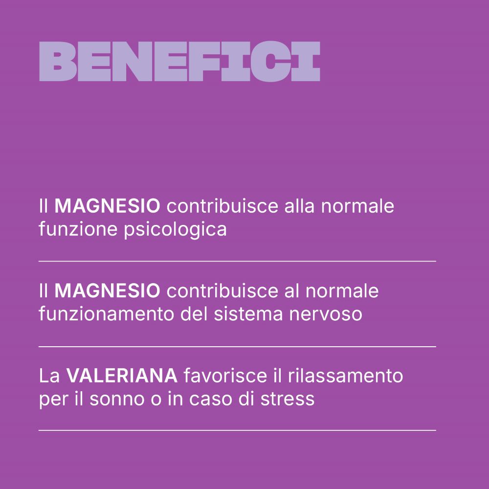 Testo su sfondo viola: BENEFICI. Testo su magnesio e valeriana. Italiano.