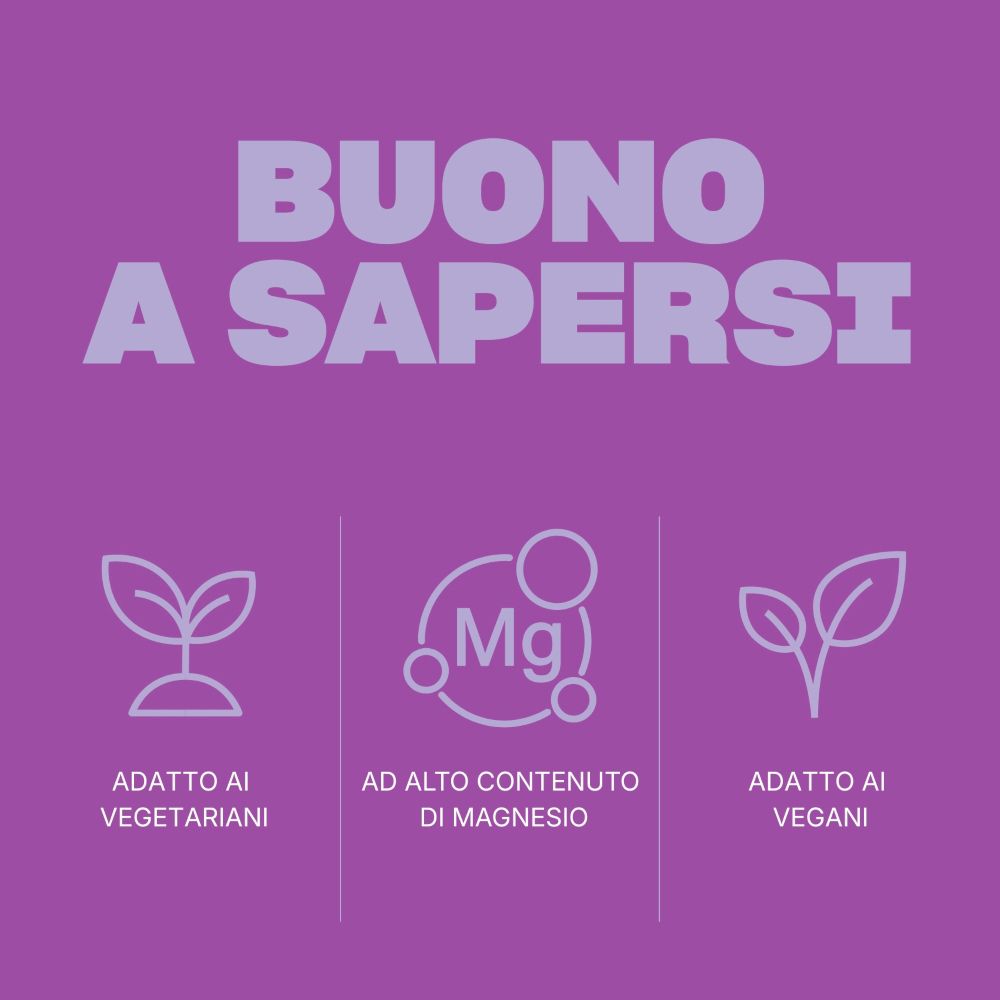 Testo su sfondo viola: BUONO A SAPERSI. Simboli per vegetariani, vegani e magnesio. Italiano.