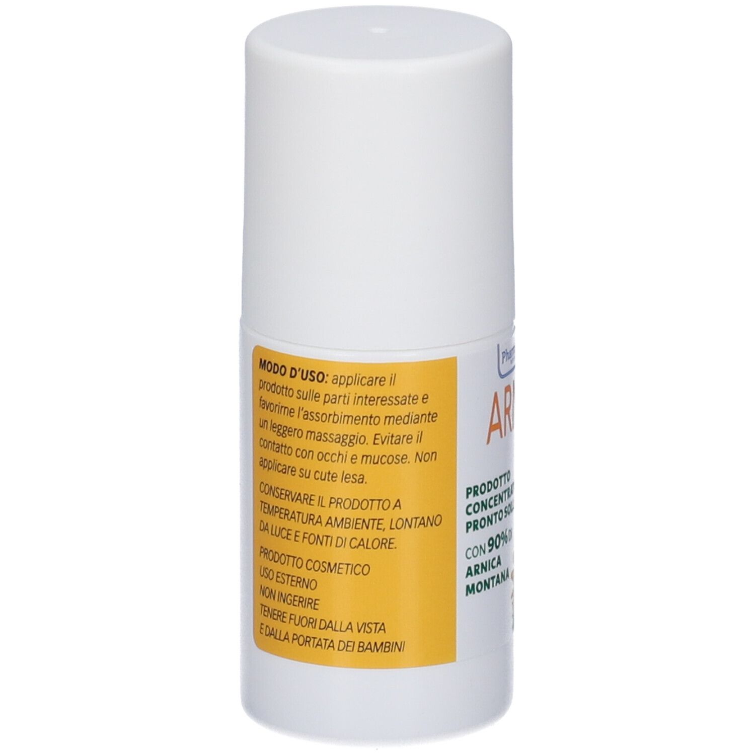 Flacone roll-on bianco con etichetta gialla. Testo: Modo d'uso, ingredienti. Non applicare su ferite aperte. Solo per uso esterno.