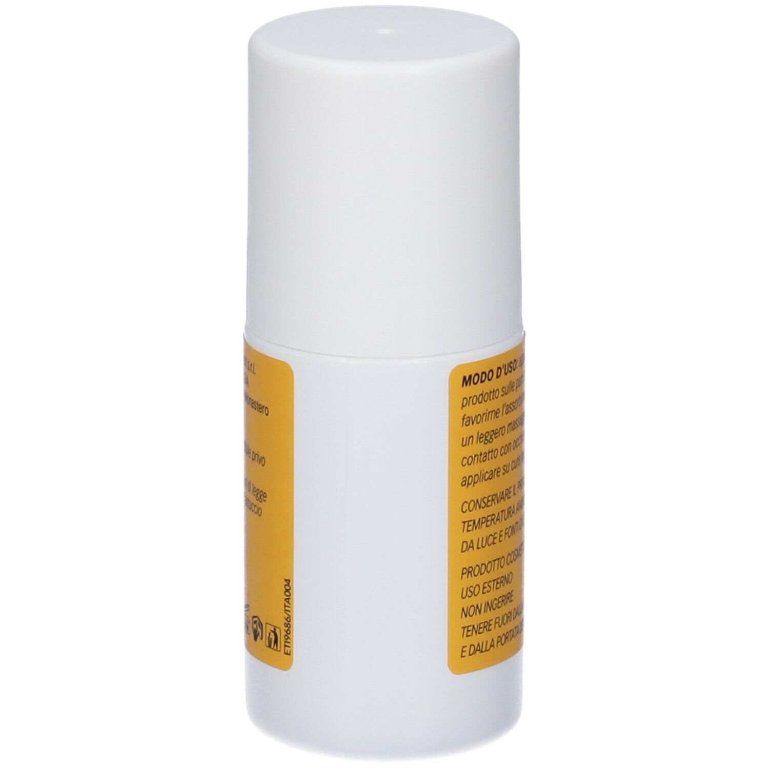 Flacone roll-on bianco con etichetta gialla. Testo: Modo d'uso, ingredienti. Solo per uso esterno. Tenere fuori dalla portata dei bambini.