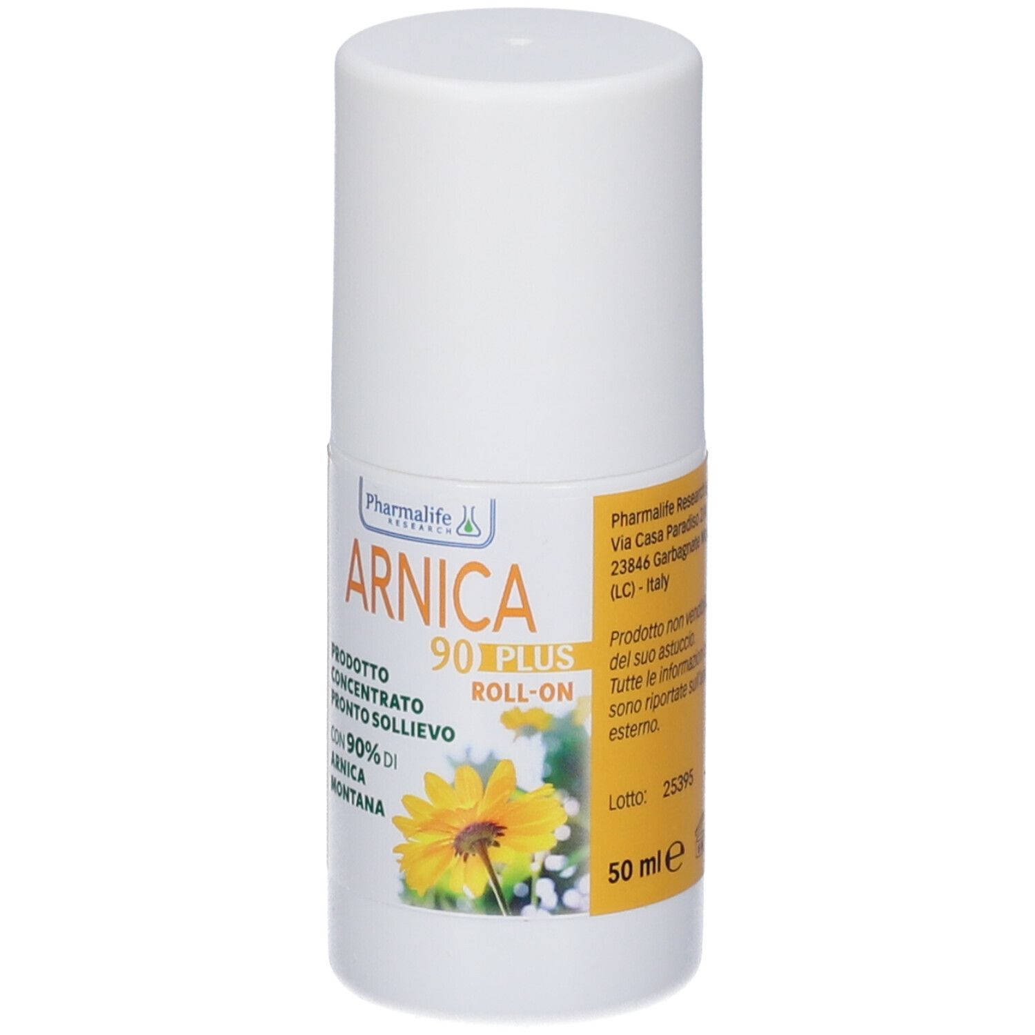 Flacone roll-on bianco con etichetta gialla. Scritta: Arnica 90 Plus Roll-on. Contiene il 90% di Arnica Montana. Fiore giallo. 50 ml.