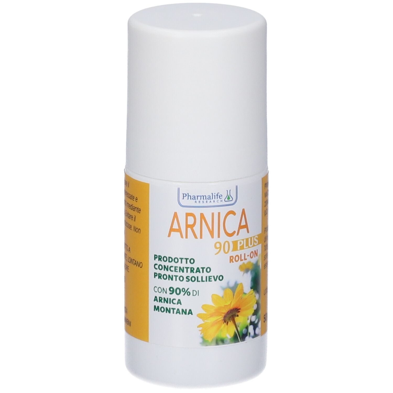 Flacone roll-on bianco con etichetta gialla. Scritta: Arnica 90 Plus Roll-on. Contiene il 90% di Arnica Montana. Fiore giallo. 50 ml.