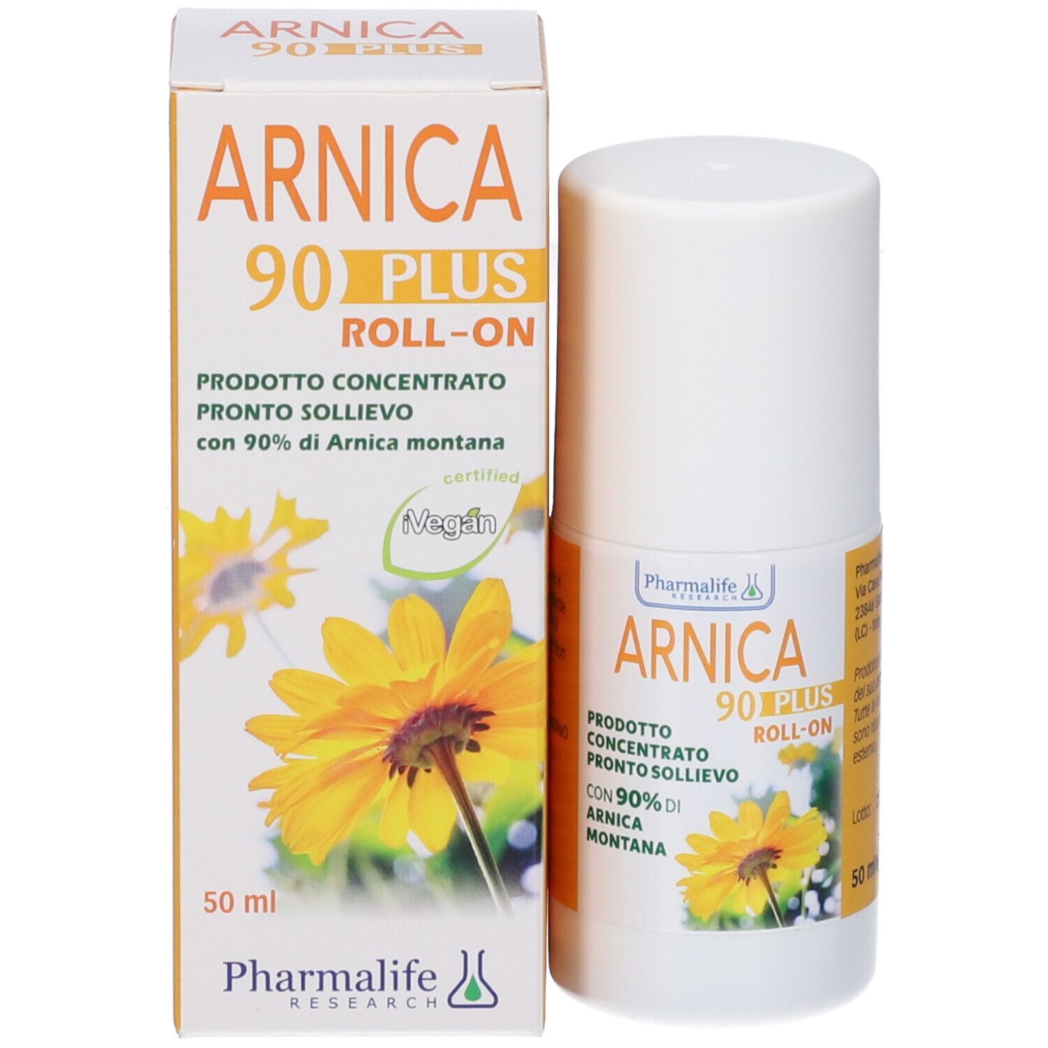 Confezione del prodotto con flacone roll-on e scatola. Scritta: Arnica 90 Plus Roll-on. Contiene il 90% di Arnica Montana. Certificazione Vegan.