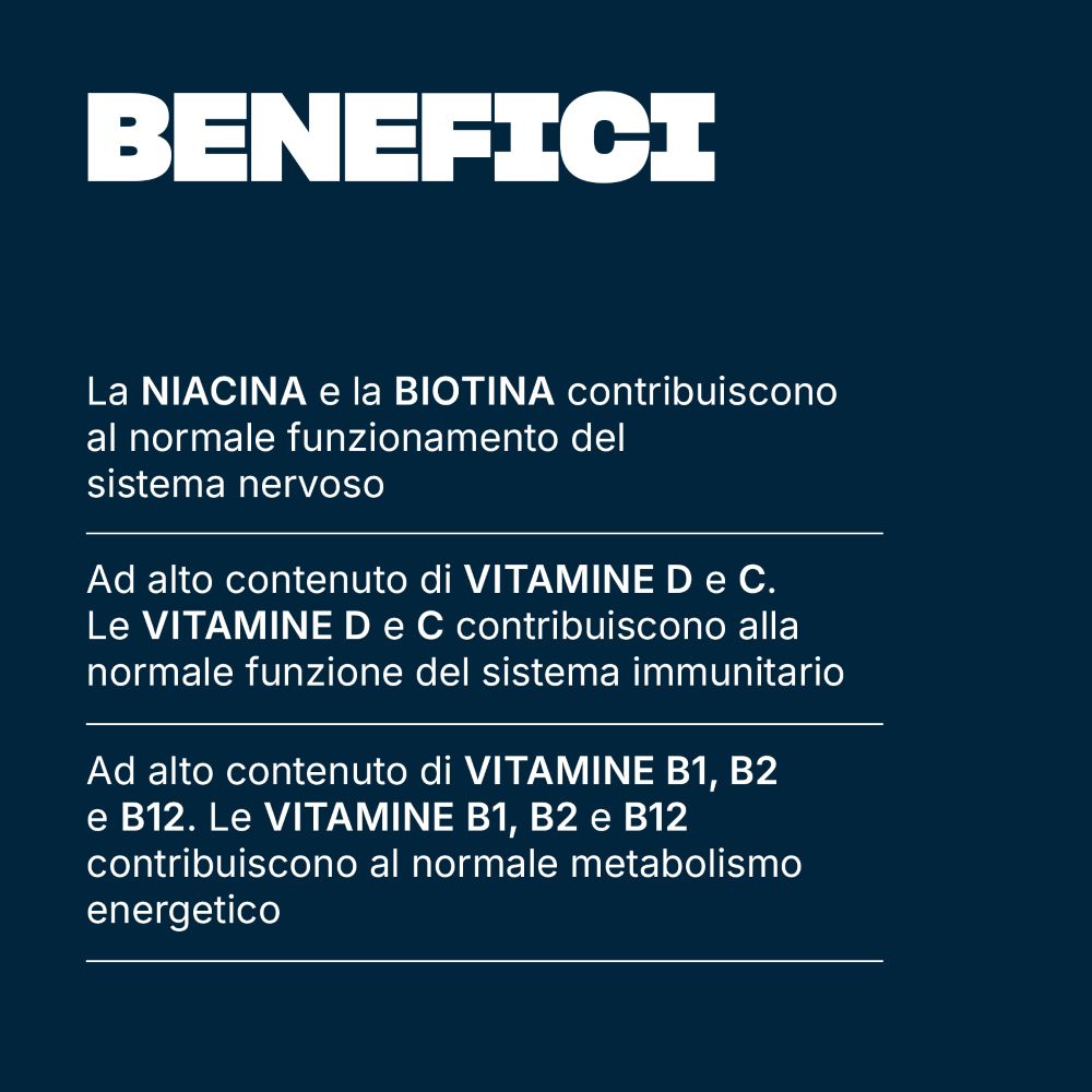 Testo su sfondo blu: Benefici. Niacina e biotina per il sistema nervoso. Vitamine D e C per il sistema immunitario.