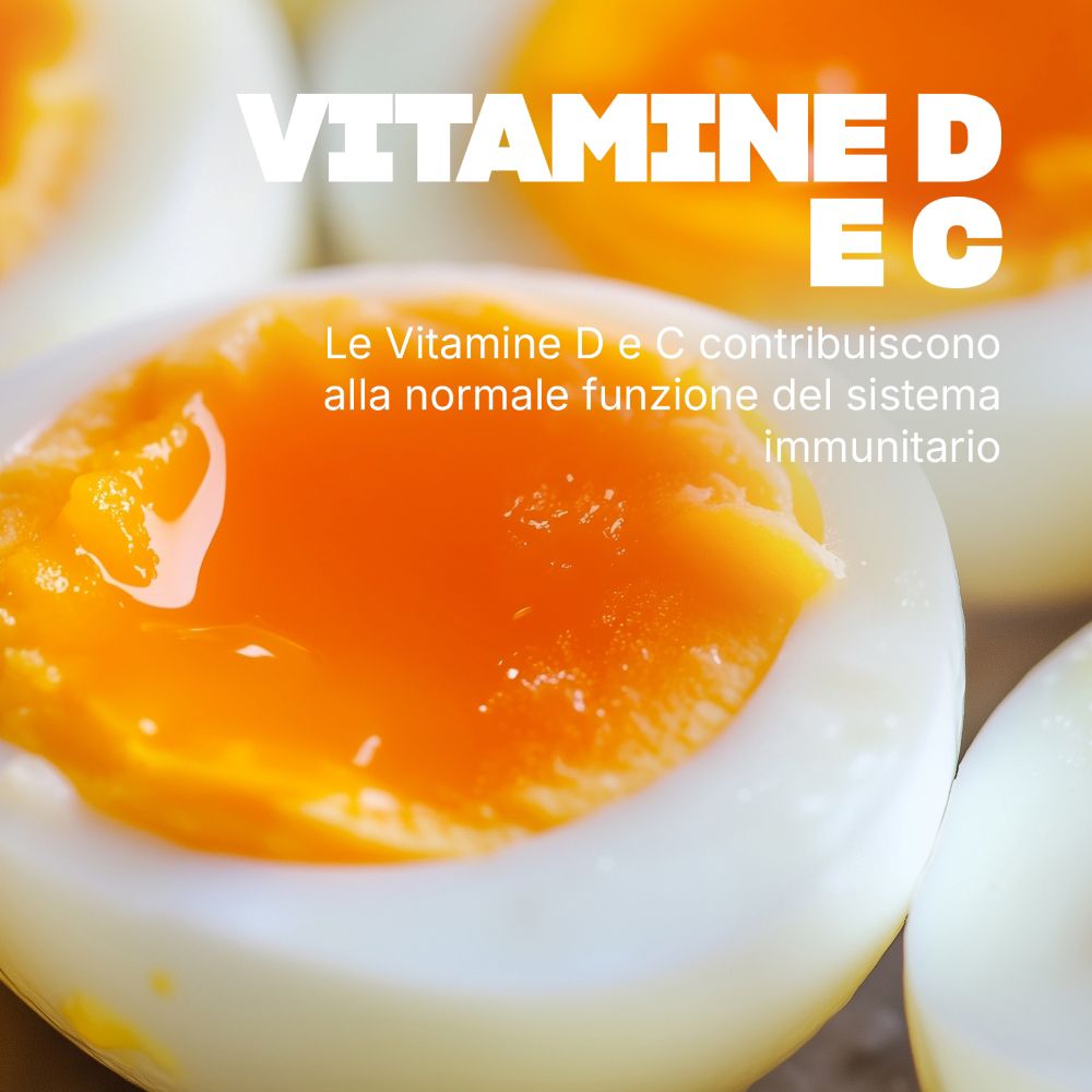 Primo piano di uova. Testo: Vitamine D e C. Le vitamine D e C contribuiscono alla normale funzione del sistema immunitario.