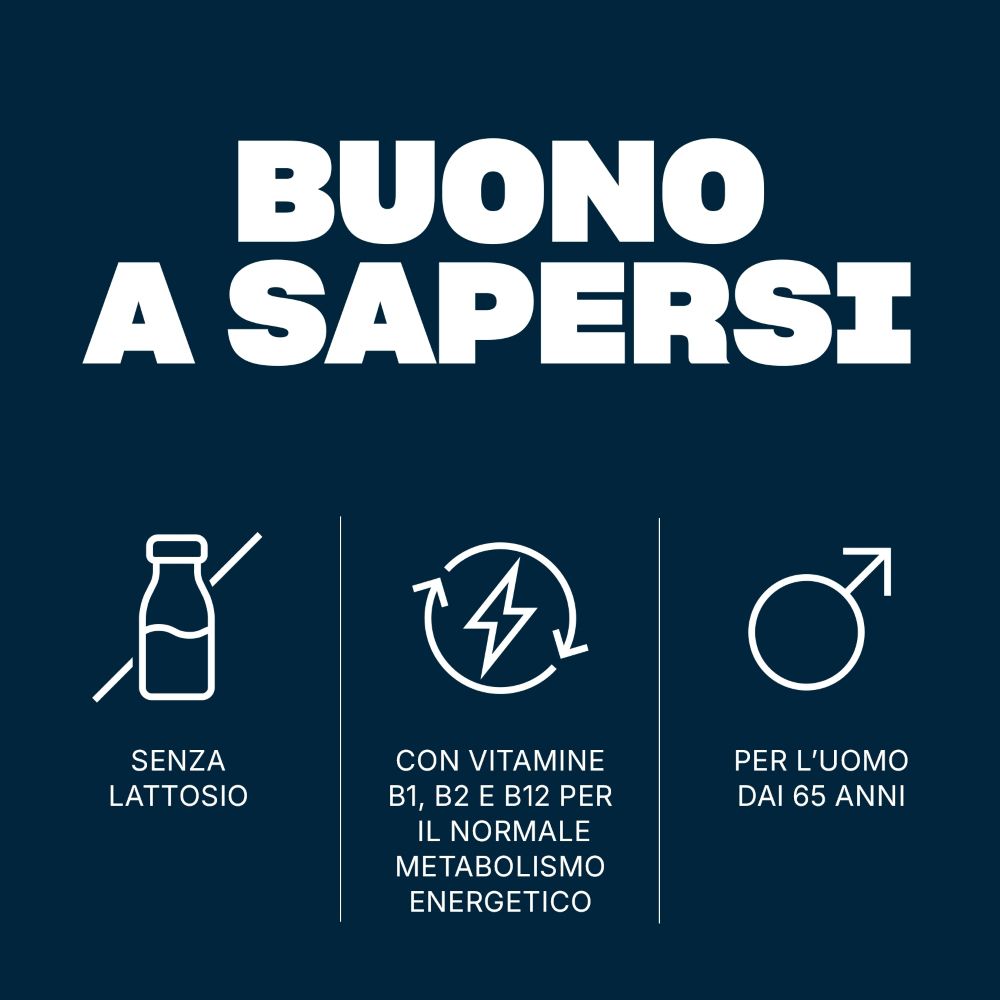 Testo su sfondo blu: Buono a sapersi. Senza lattosio. Con vitamine B1, B2, B12 per il metabolismo energetico. Per uomini dai 65 anni.